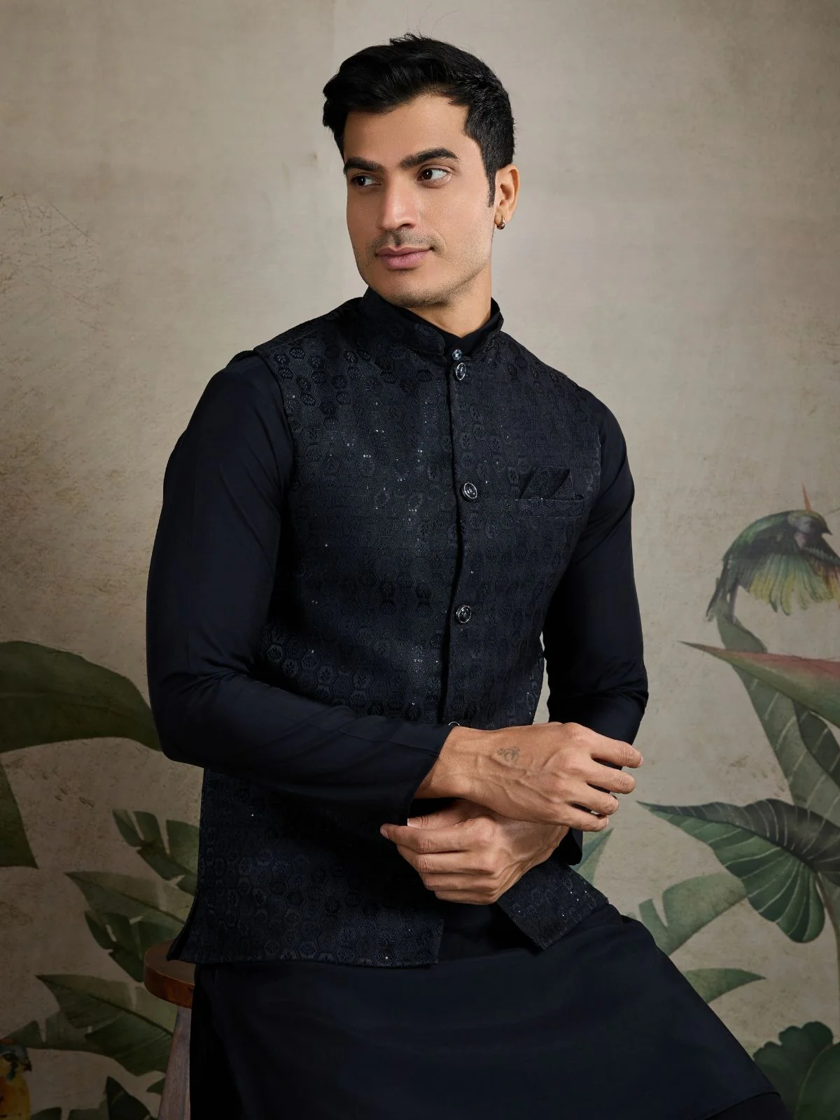 Odette Black Viscose Silk Woven Stitched Kurta For Men - Image 5