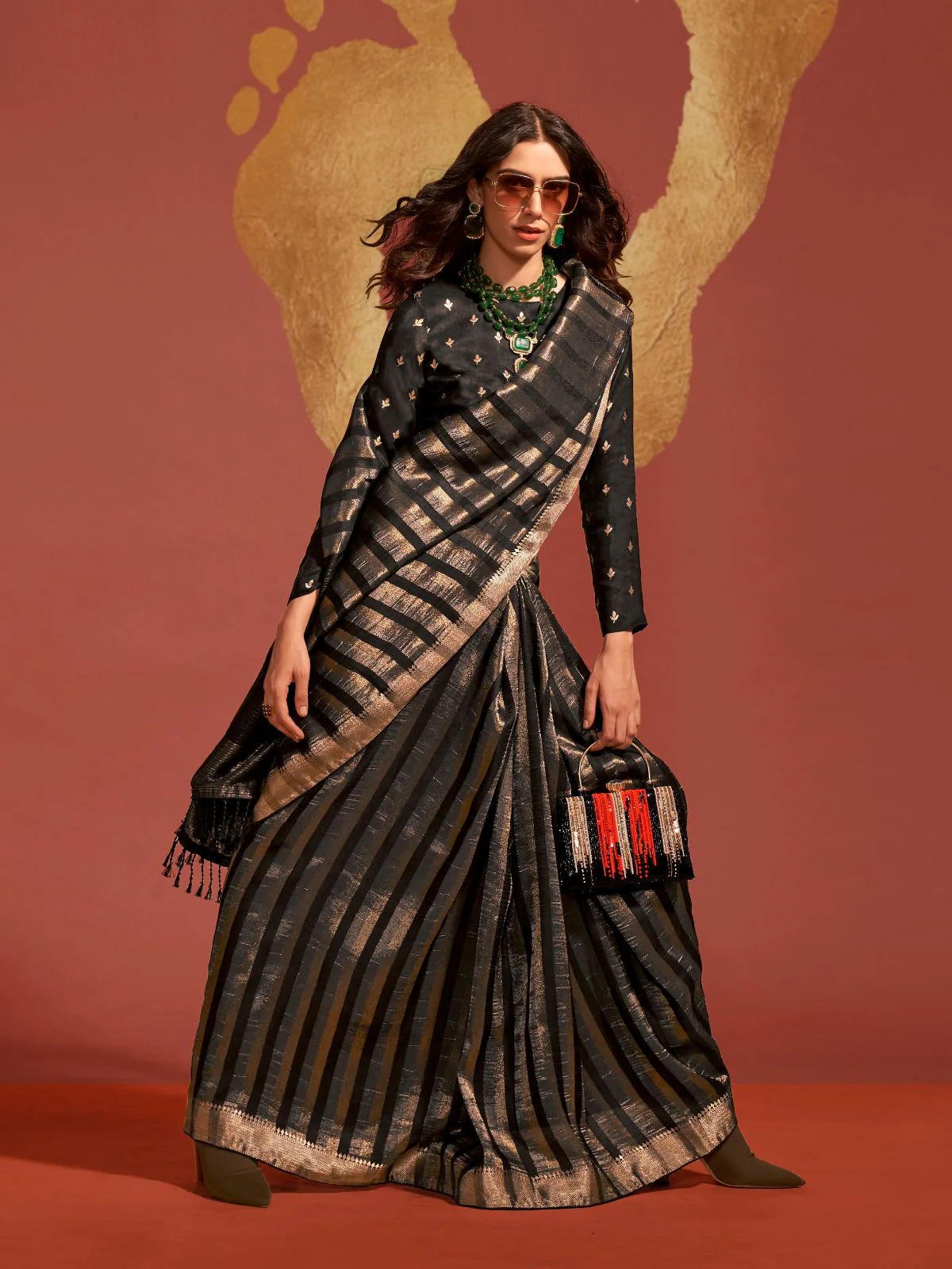 Odette Black Viscose Woven Saree With Unstitched Blouse For Women - Image 2