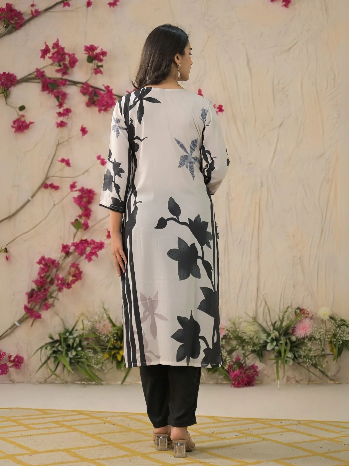 Odette Black & White Cotton Blend Printed Stitched Kurta Set For Women - Image 3