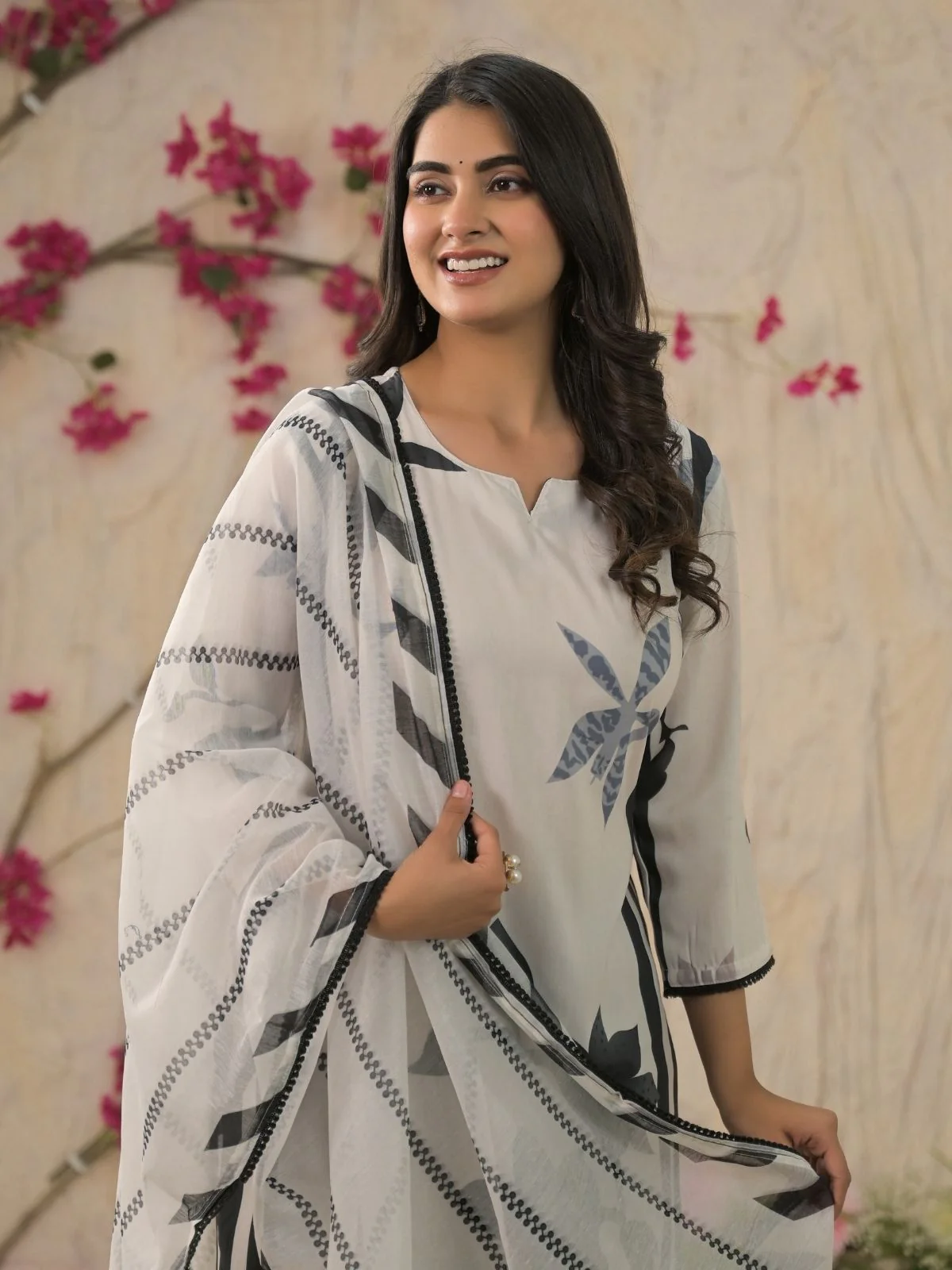 Odette Black & White Cotton Blend Printed Stitched Kurta Set For Women - Image 4