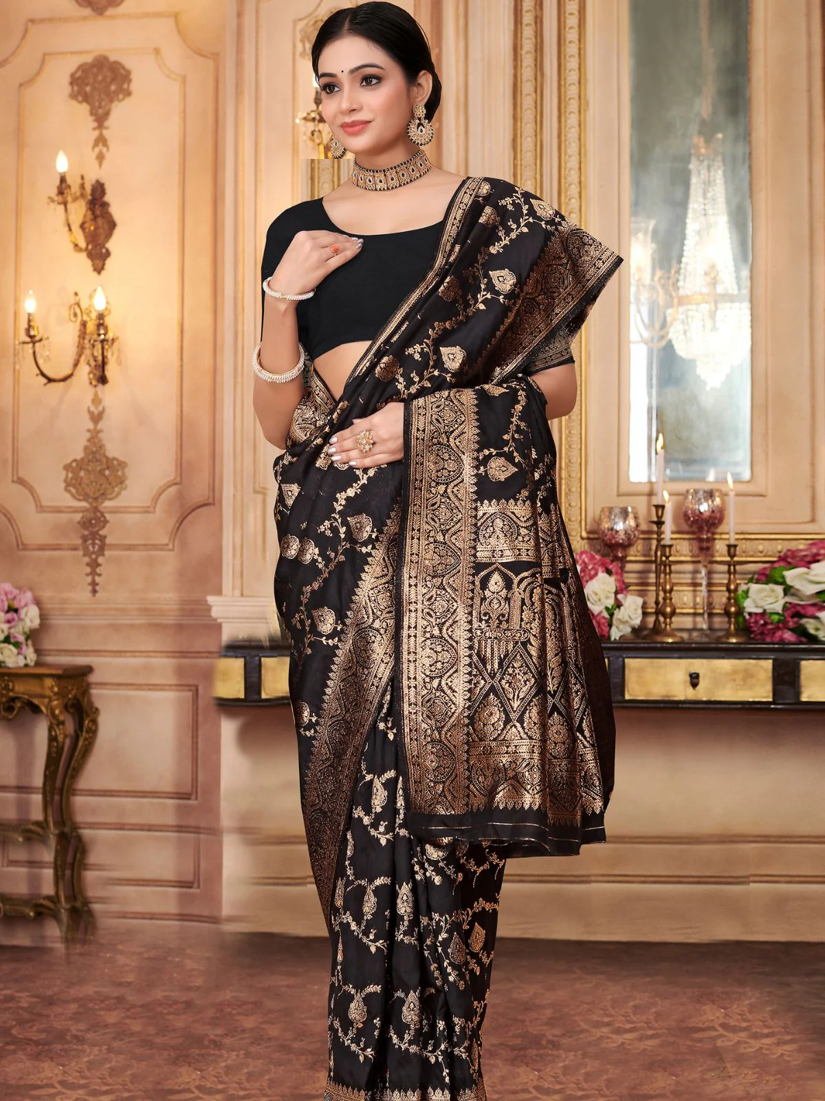 Odette Black Woven Banarasi Silk Saree With Unstitched Blouse For Women - Image 2