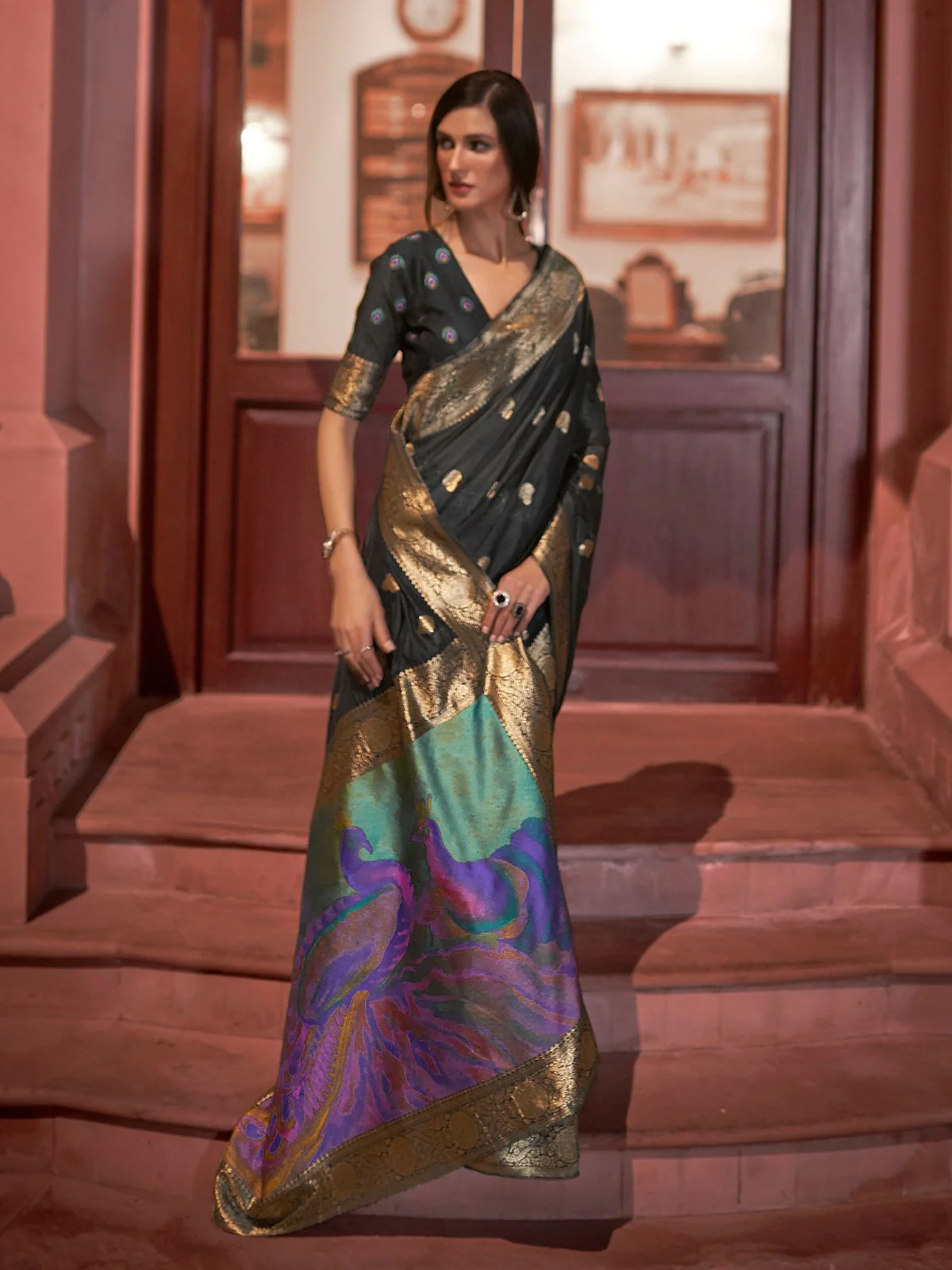 Odette Black Woven Design Silk Blend Saree With Unstitched Blouse For Women - Image 2