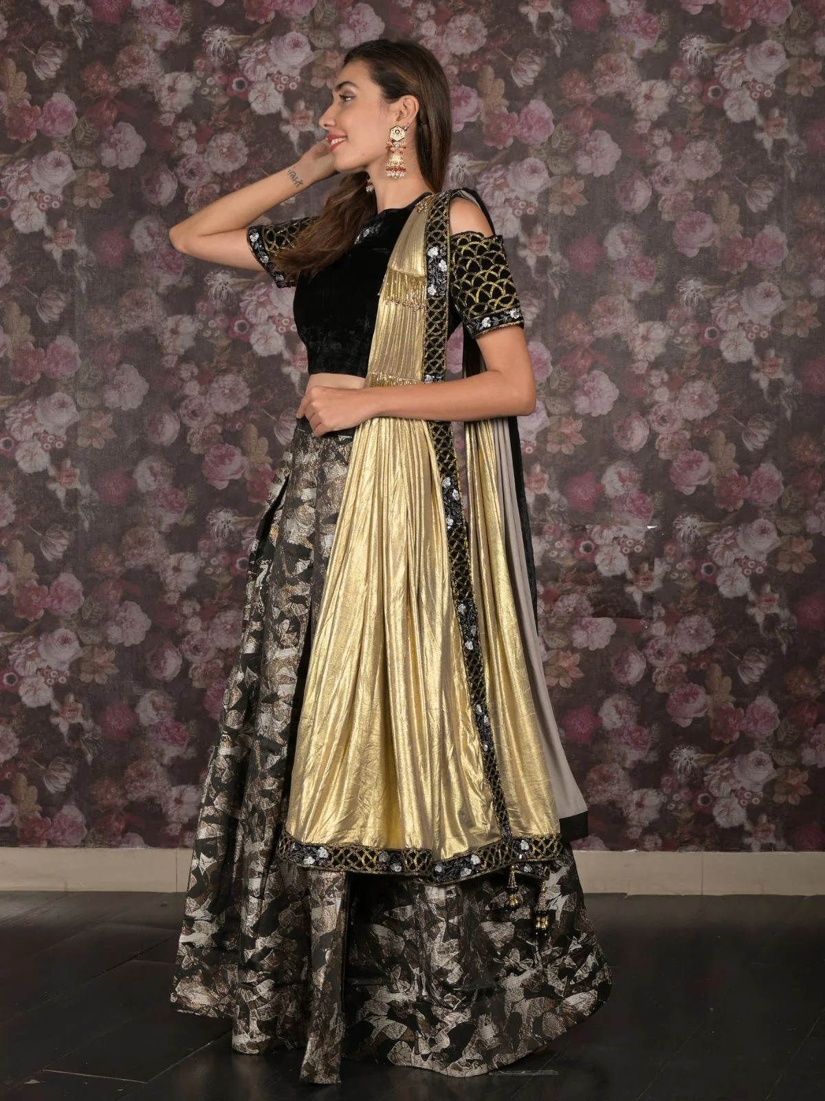 Odette Black Woven Semi Stitched Lehenga Set With Dupatta And Stitched Blouse For Women - Image 3