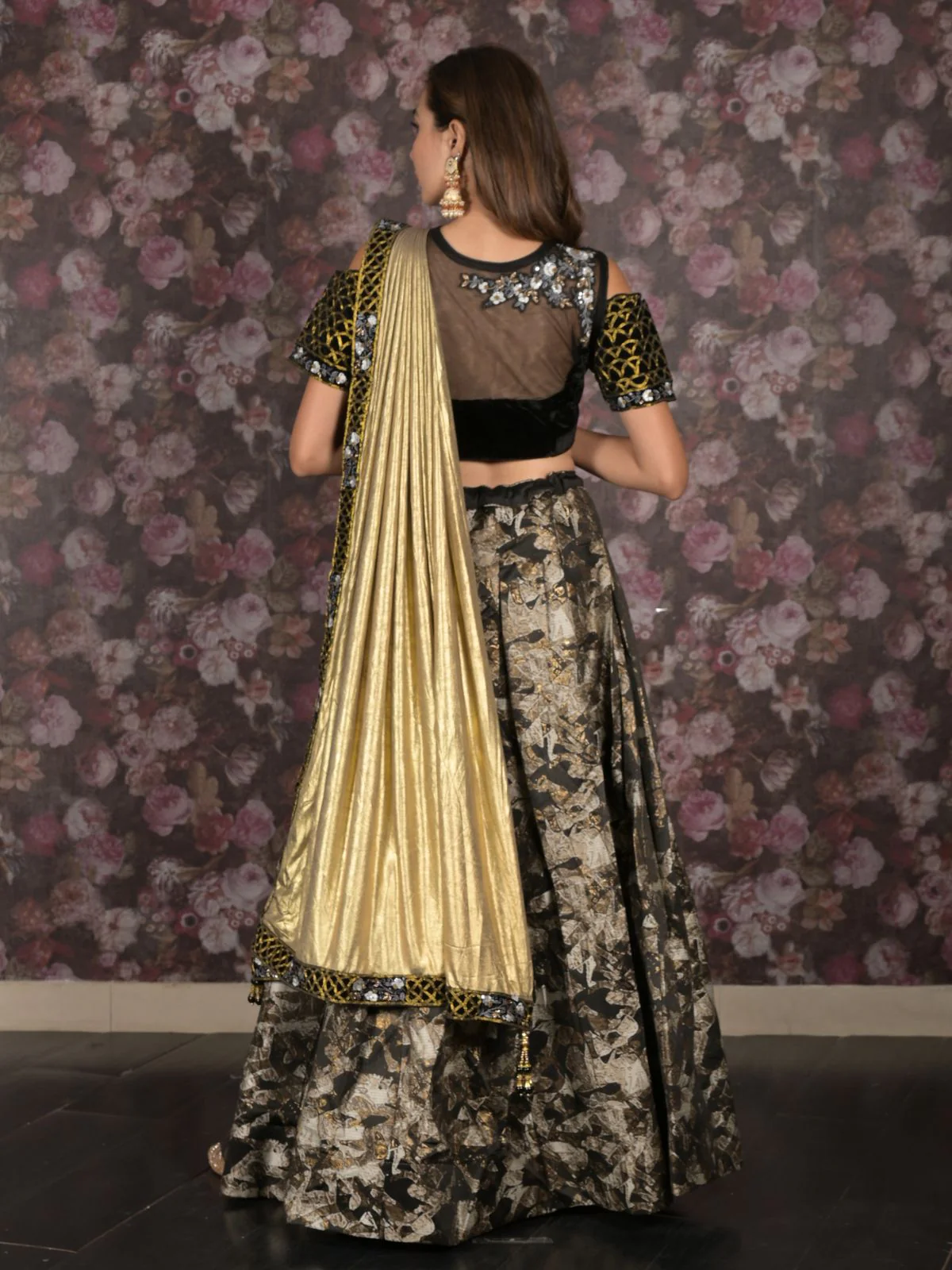 Odette Black Woven Semi Stitched Lehenga Set With Dupatta And Stitched Blouse For Women - Image 4