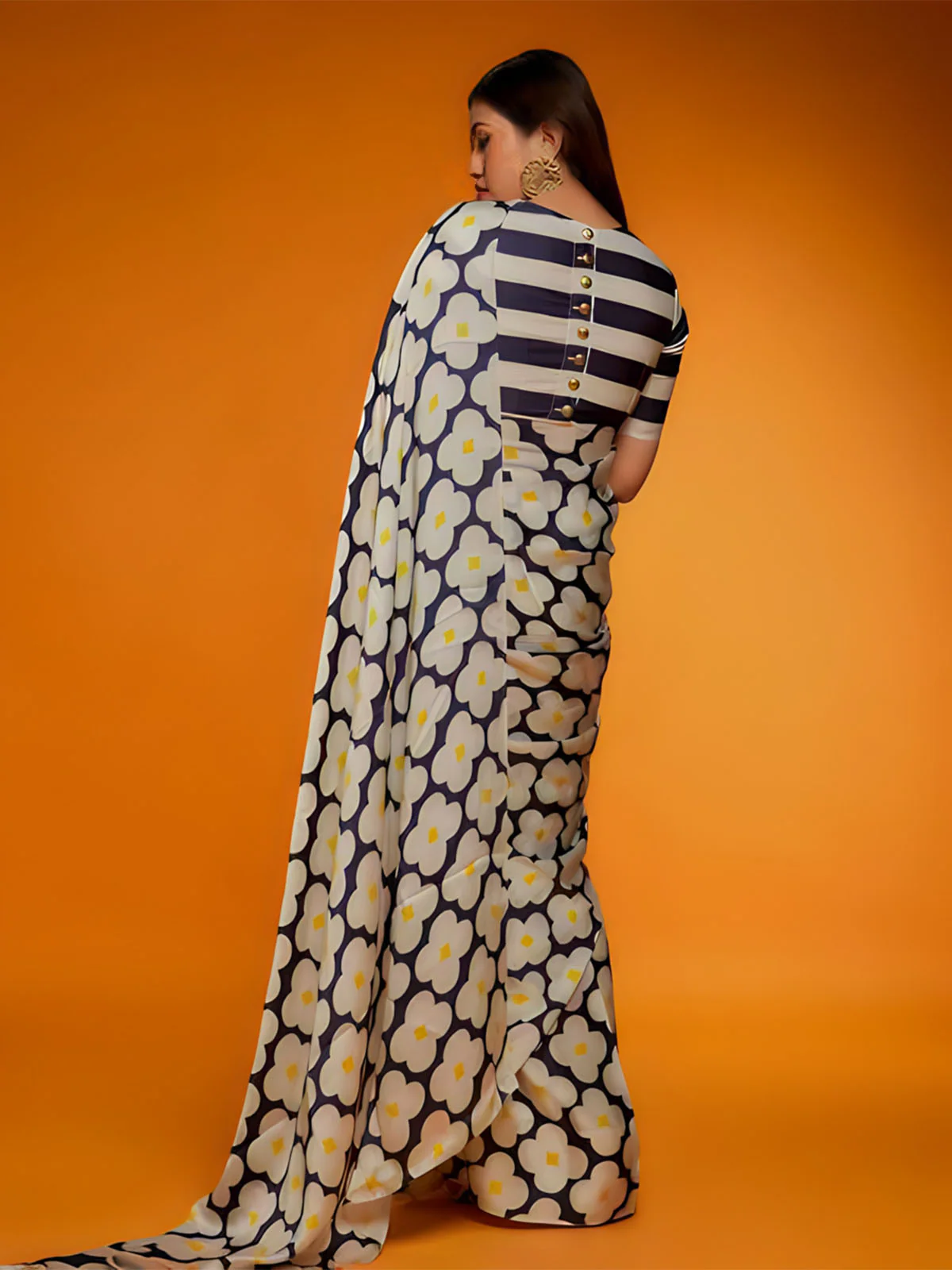 Odette Blue And Beige Satin Printed Saree With Unstitched Blouse For Women - Image 2