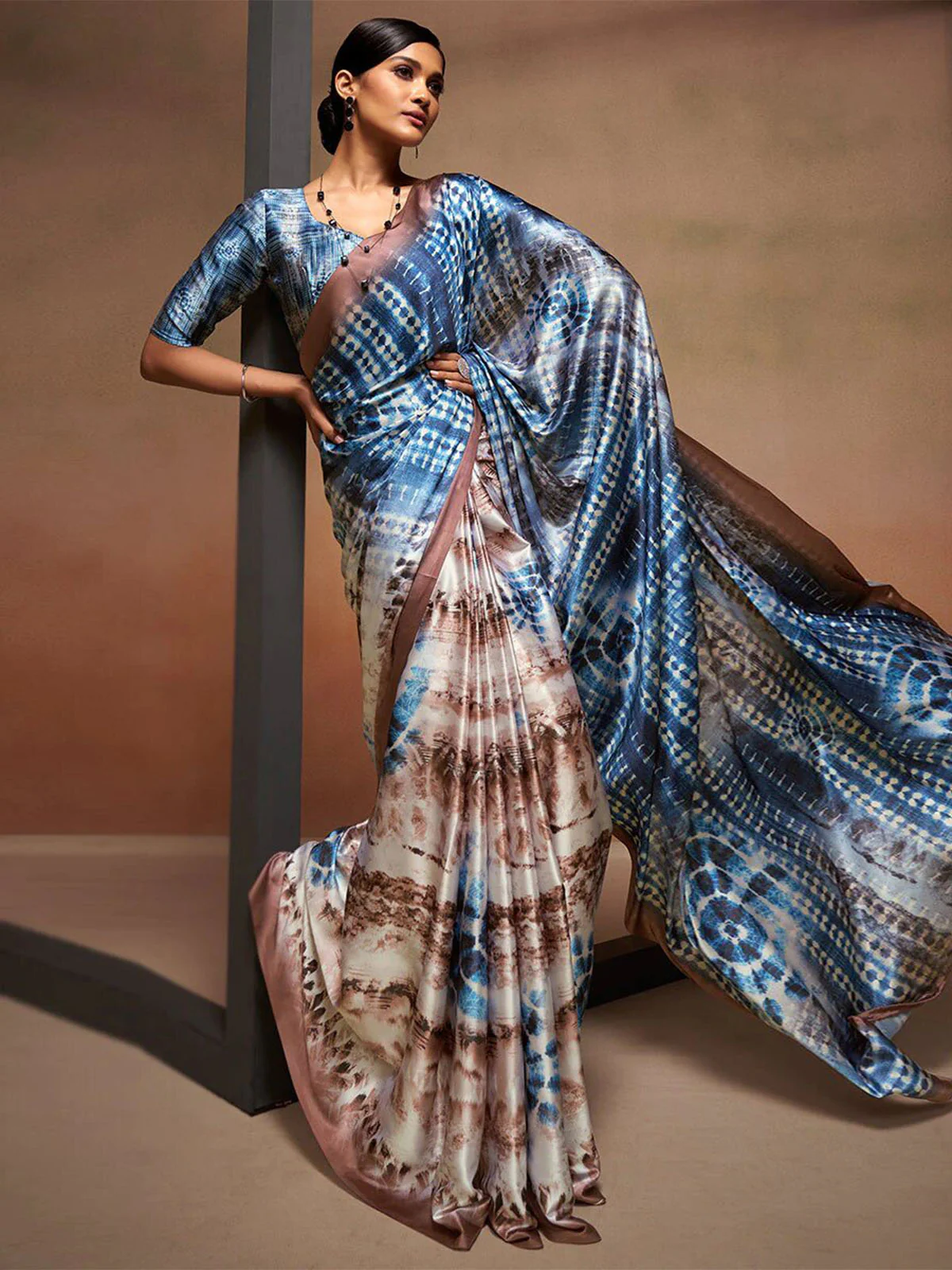 Odette Blue And Brown Satin Printed Saree With Unstitched Blouse For Women - Image 2