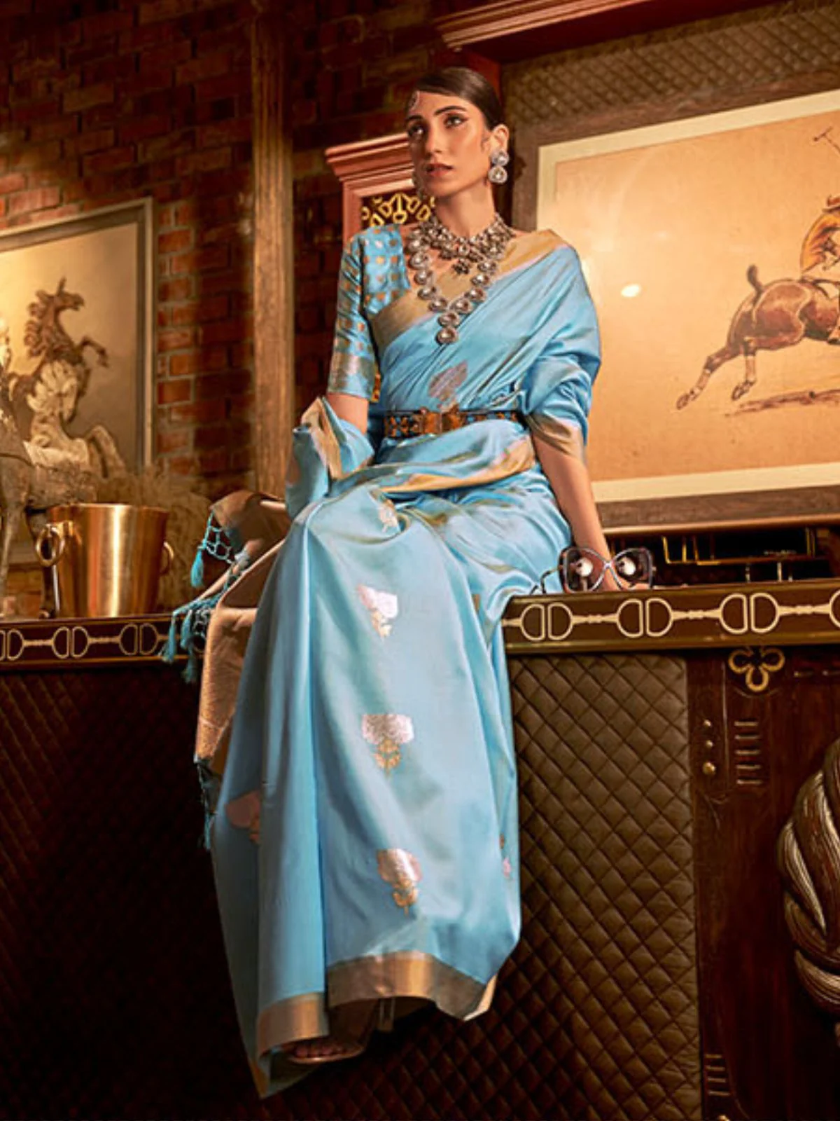 Odette Blue And Gold Woven Design Silk Blend Saree With Unstitched Blouse For Women - Image 2