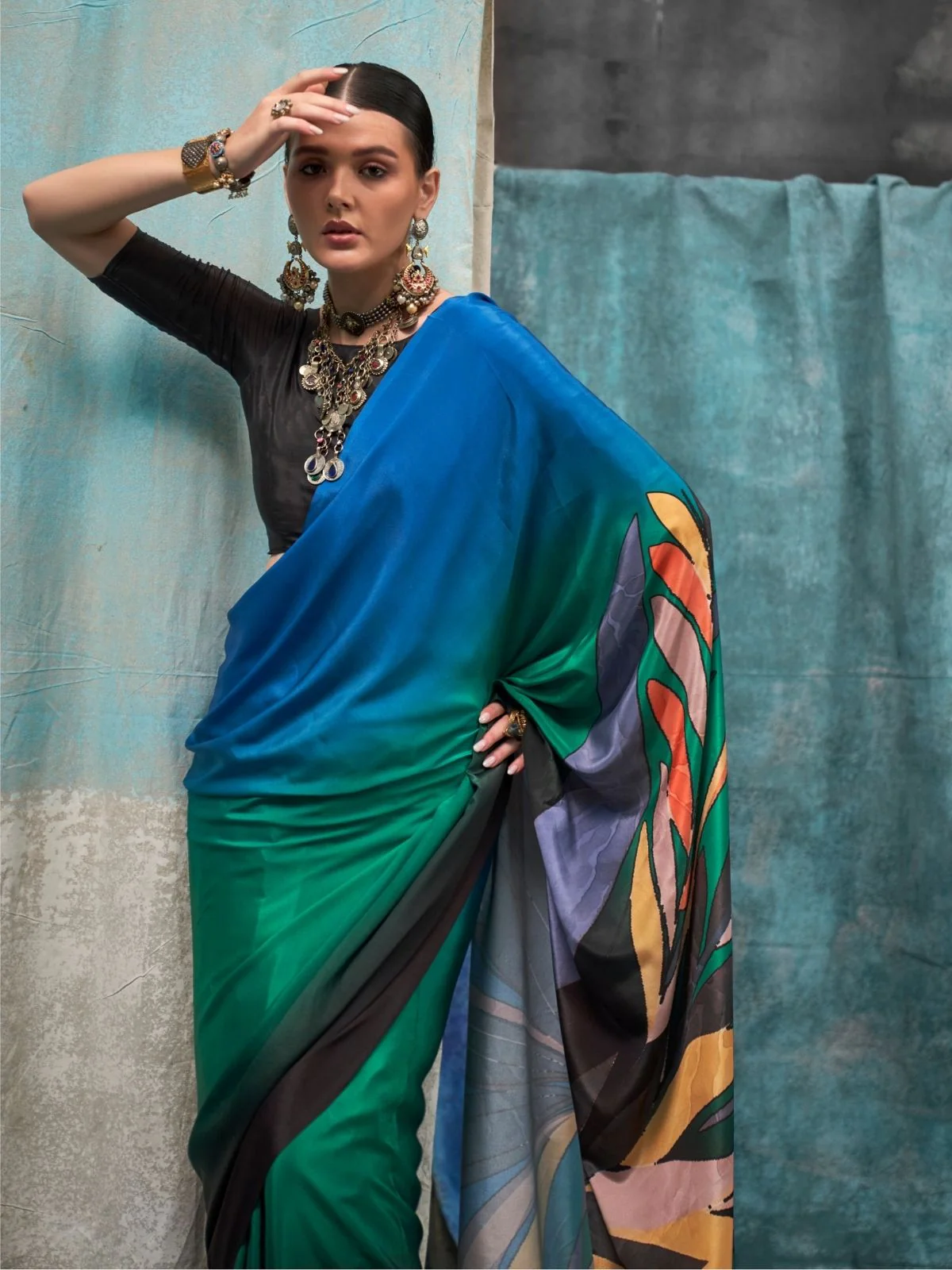 Odette Blue And Green Satin Printed Saree With Unstitched Blouse For Women - Image 3