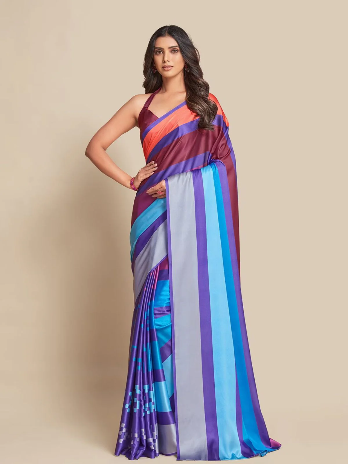 Odette Blue And Multicolor Satin Printed Saree With Unstitched Blouse For Women