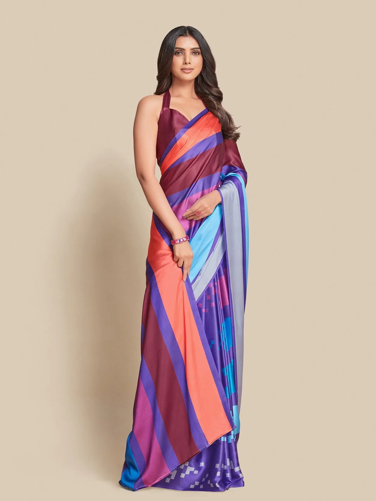 Odette Blue And Multicolor Satin Printed Saree With Unstitched Blouse For Women - Image 3