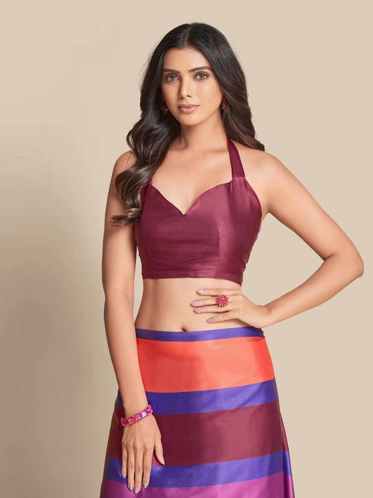 Odette Blue And Multicolor Satin Printed Saree With Unstitched Blouse For Women - Image 6
