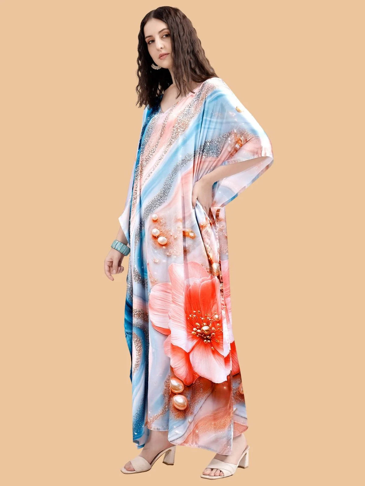 Odette Blue And Orange Satin Printed Kaftan For Women - Image 2