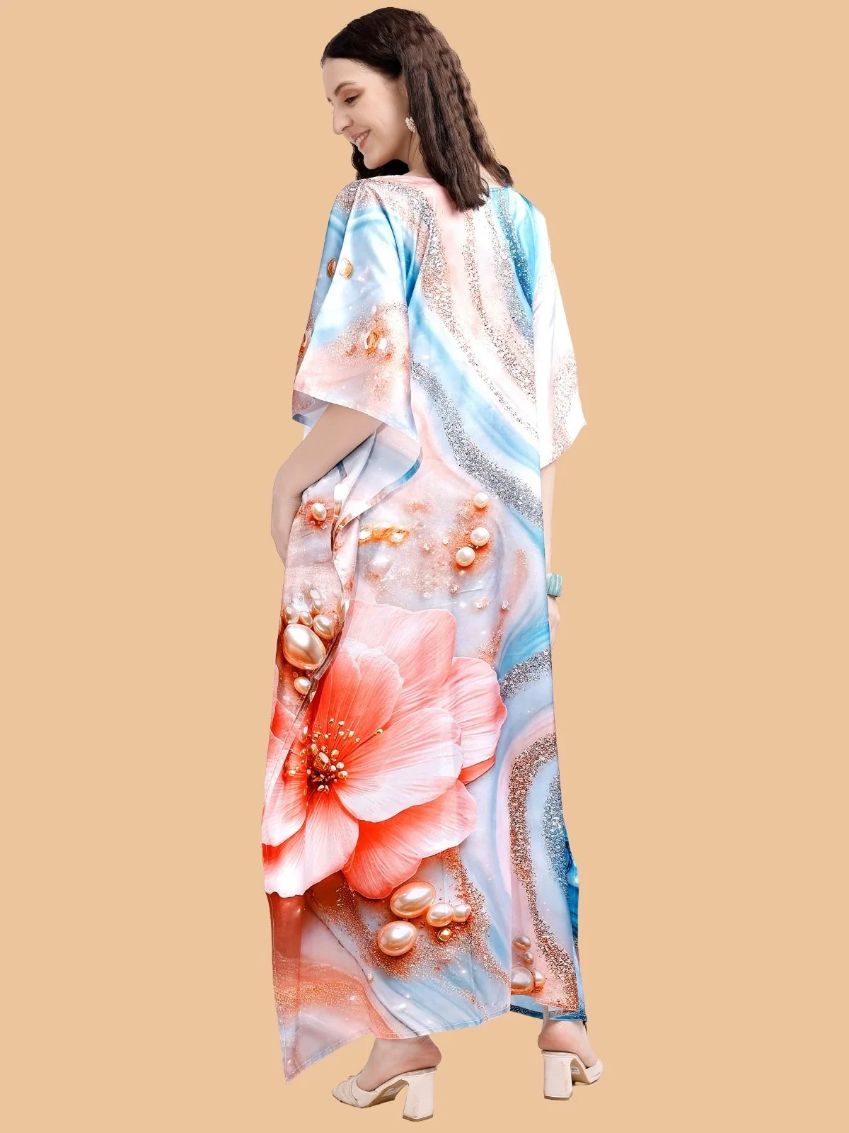 Odette Blue And Orange Satin Printed Kaftan For Women - Image 3