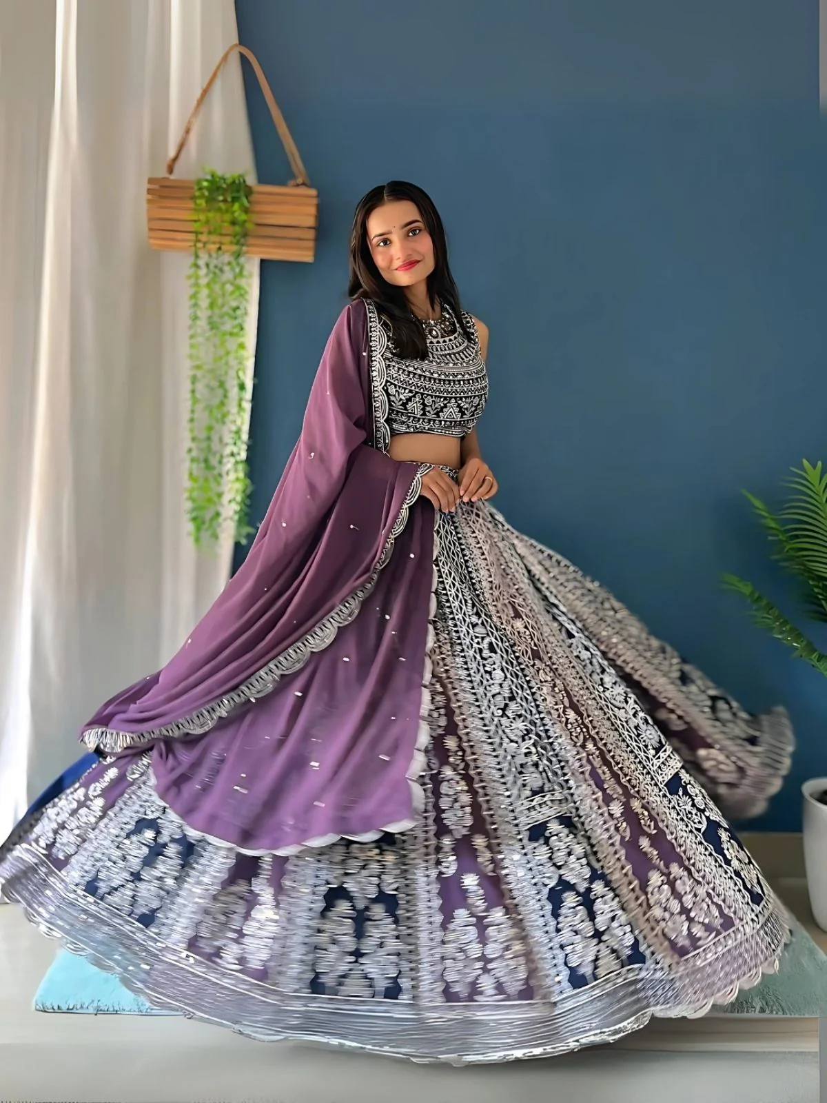 Odette Blue And Purple Georgette Embroidered Semi-Stitched lehenga For Women - Image 2