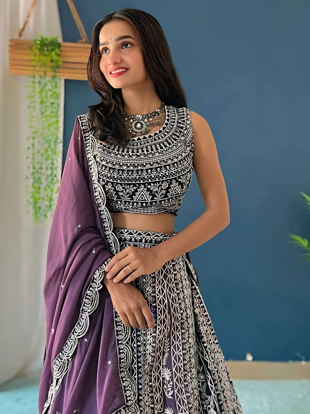 Odette Blue And Purple Georgette Embroidered Semi-Stitched lehenga For Women - Image 3