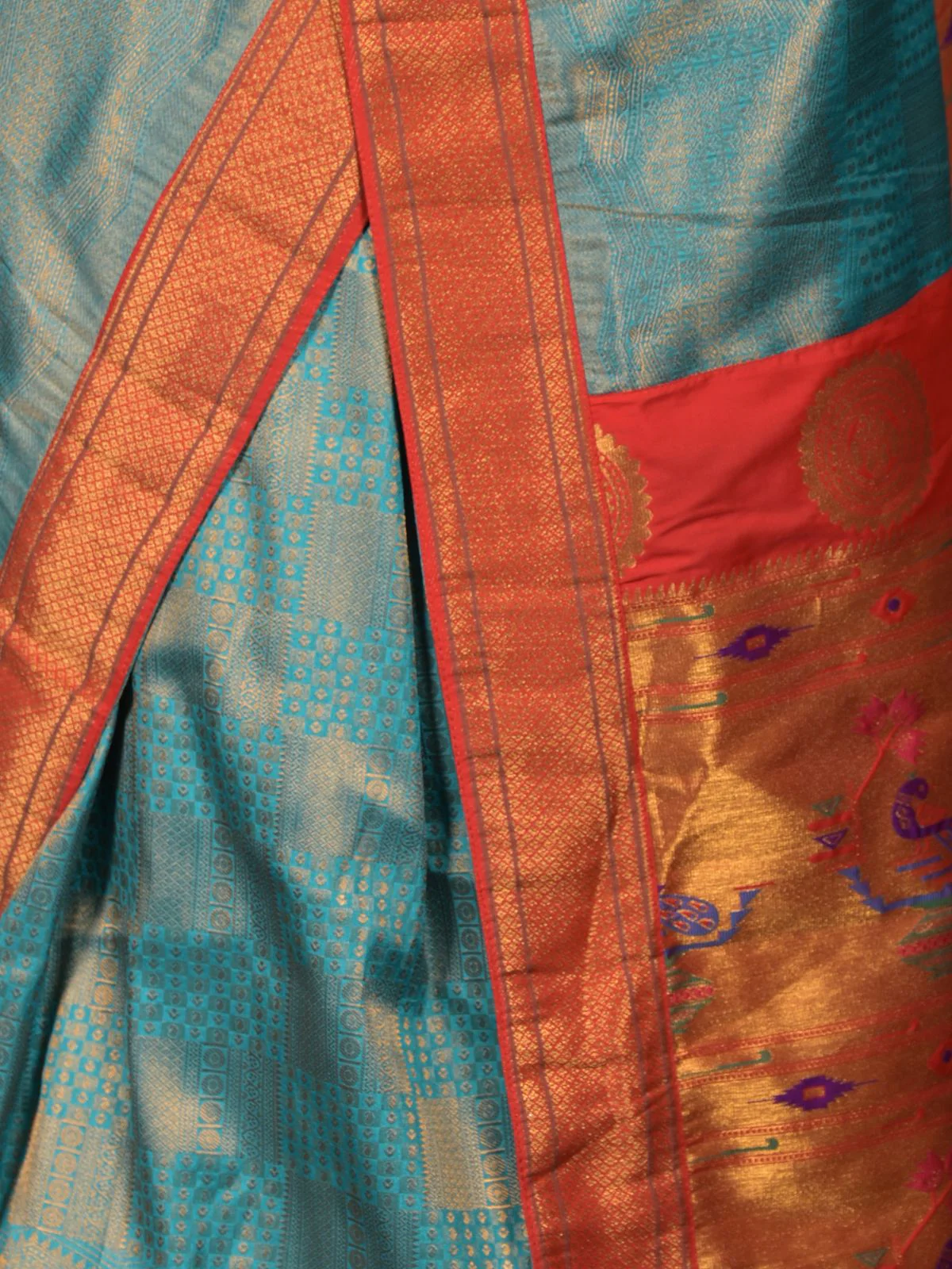 Odette Blue and Red Woven Banglori Silk Saree with Unstitched Blouse for Women - Image 5