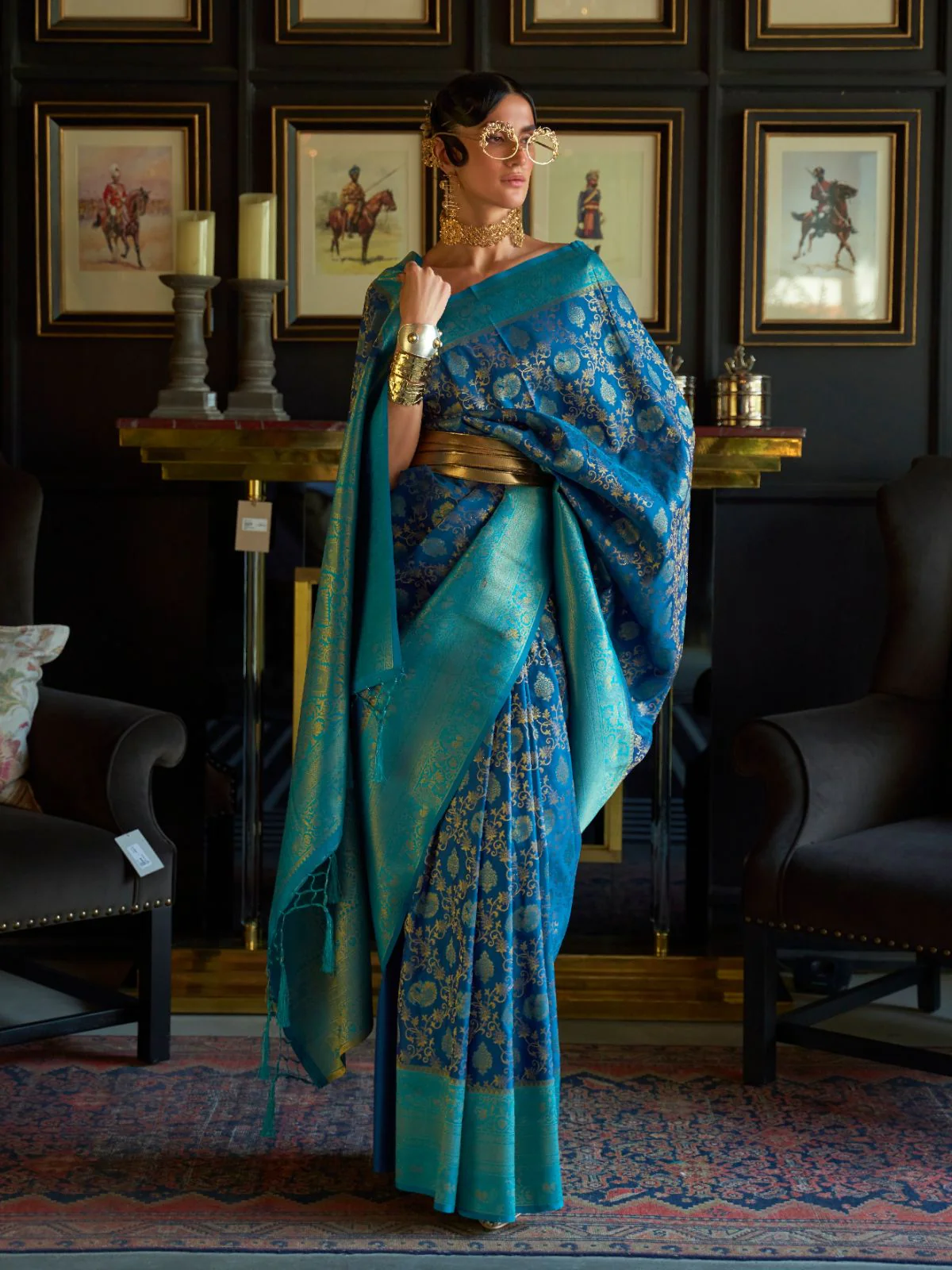 Odette Blue And Teal Woven Design Silk Blend Saree With Unstitched Blouse For Women