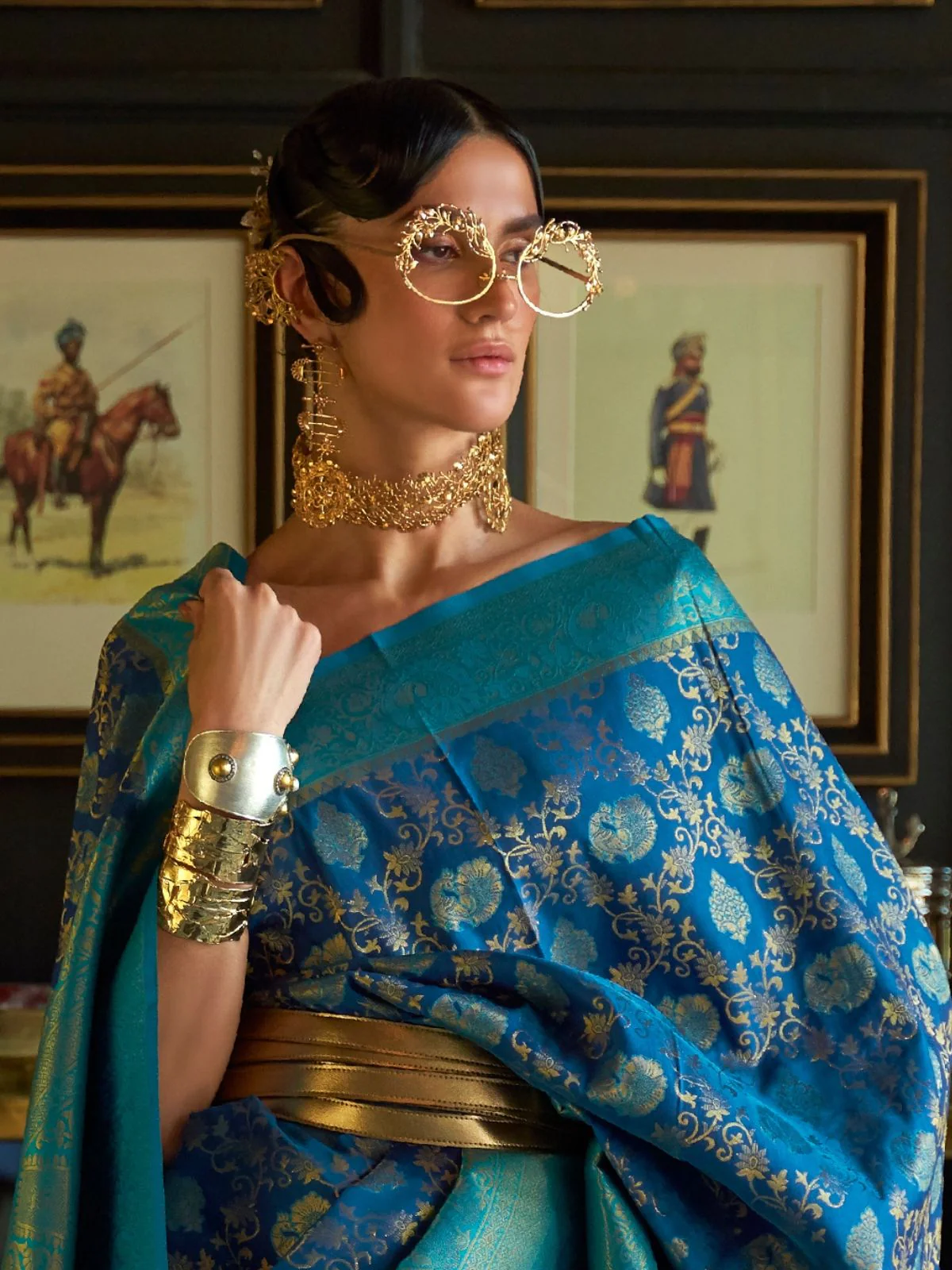 Odette Blue And Teal Woven Design Silk Blend Saree With Unstitched Blouse For Women - Image 2