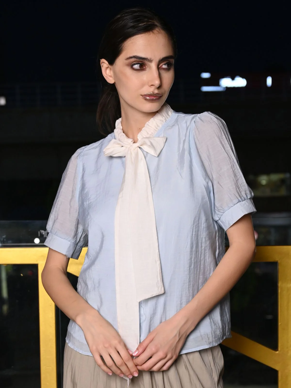 Odette Blue And White Solid Voile Top For Women - Image 2