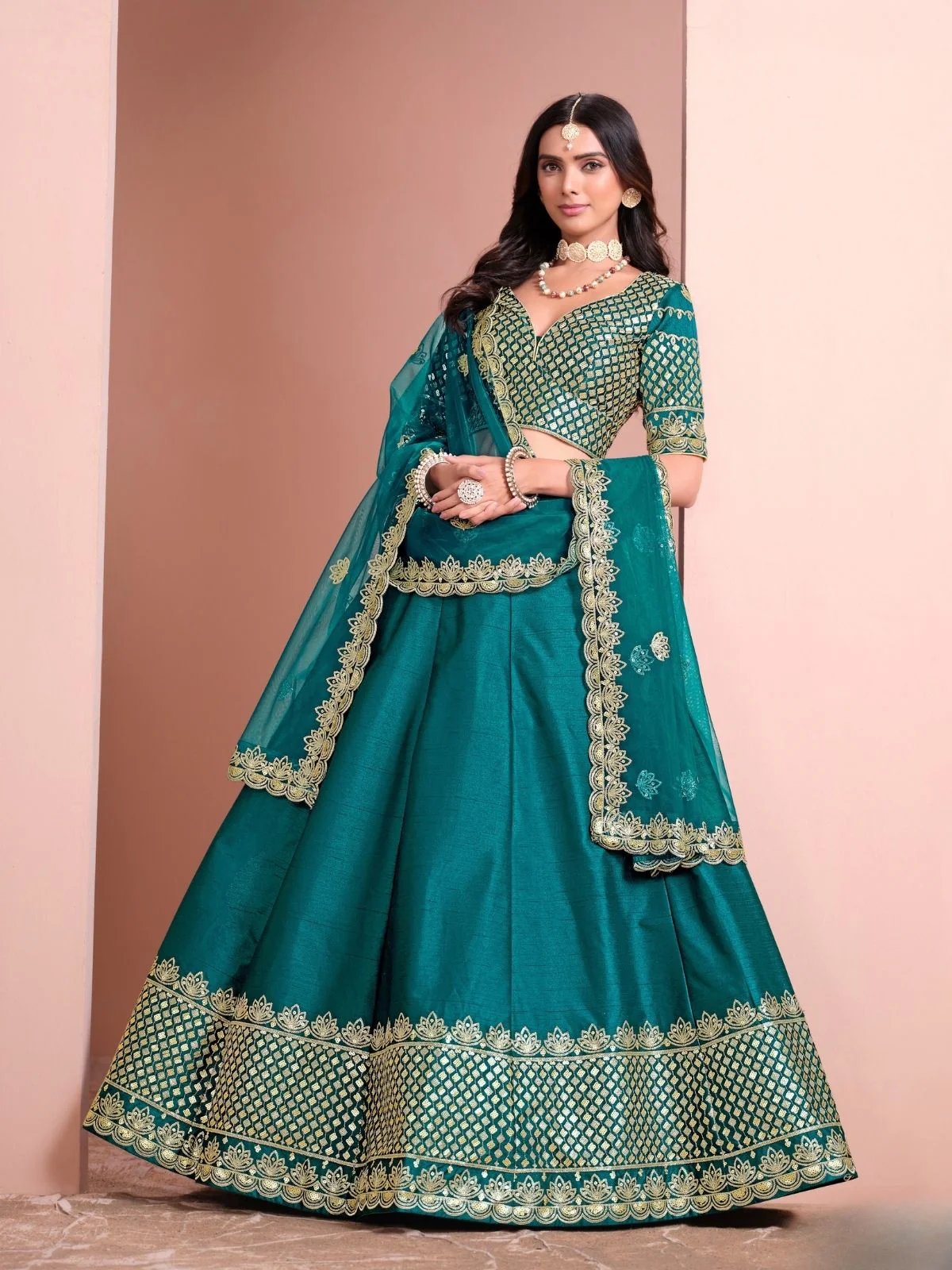 Odette Blue Art Silk Embellished Semi-Stitched lehenga For Women - Image 2