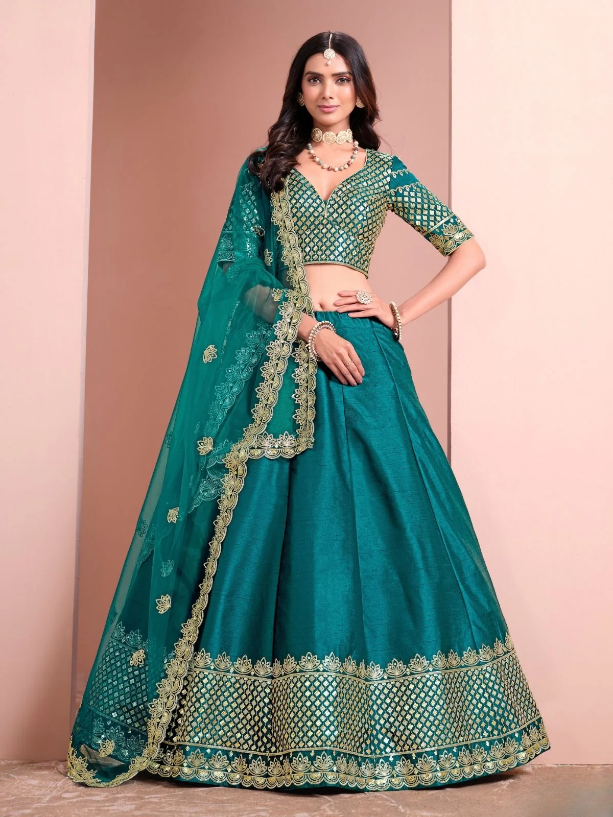 Odette Blue Art Silk Embellished Semi-Stitched lehenga For Women - Image 3