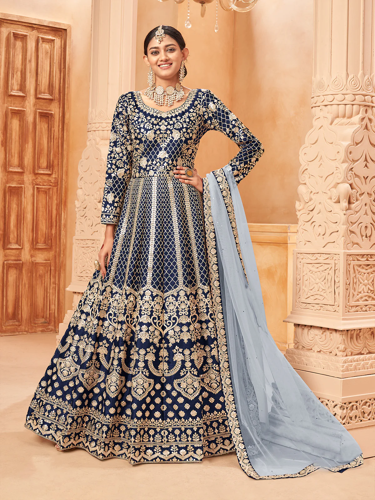 Odette Blue Art Silk Embroidered Semi stitched Kurta Set For Women - Image 2
