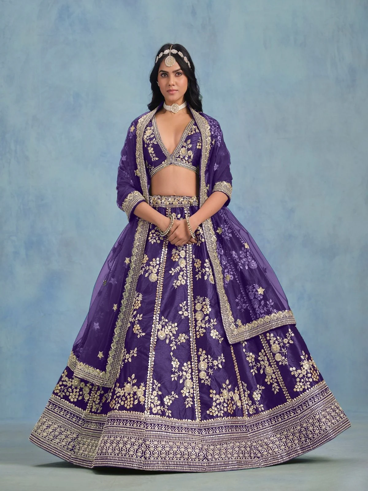 Odette Blue Art Silk Embroidered Semi-Stitched lehenga For Women - Image 2