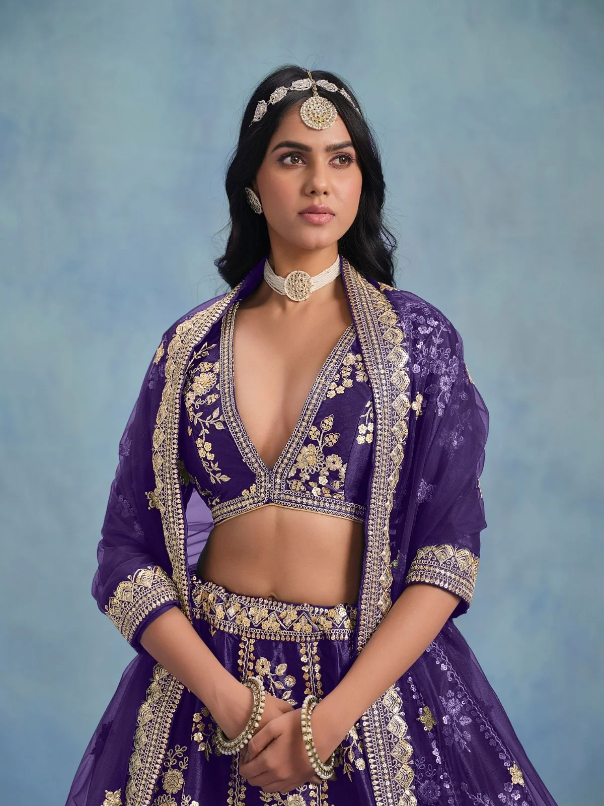 Odette Blue Art Silk Embroidered Semi-Stitched lehenga For Women - Image 3