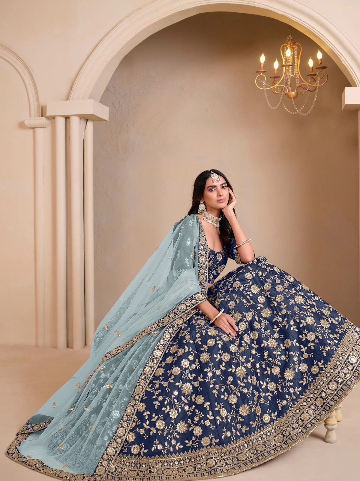 Odette Blue Art Silk Embroidered Semi-Stitched lehenga For Women - Image 2