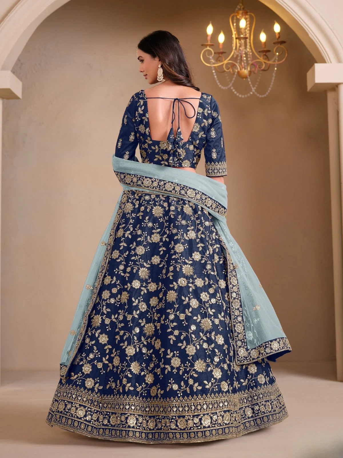 Odette Blue Art Silk Embroidered Semi-Stitched lehenga For Women - Image 3