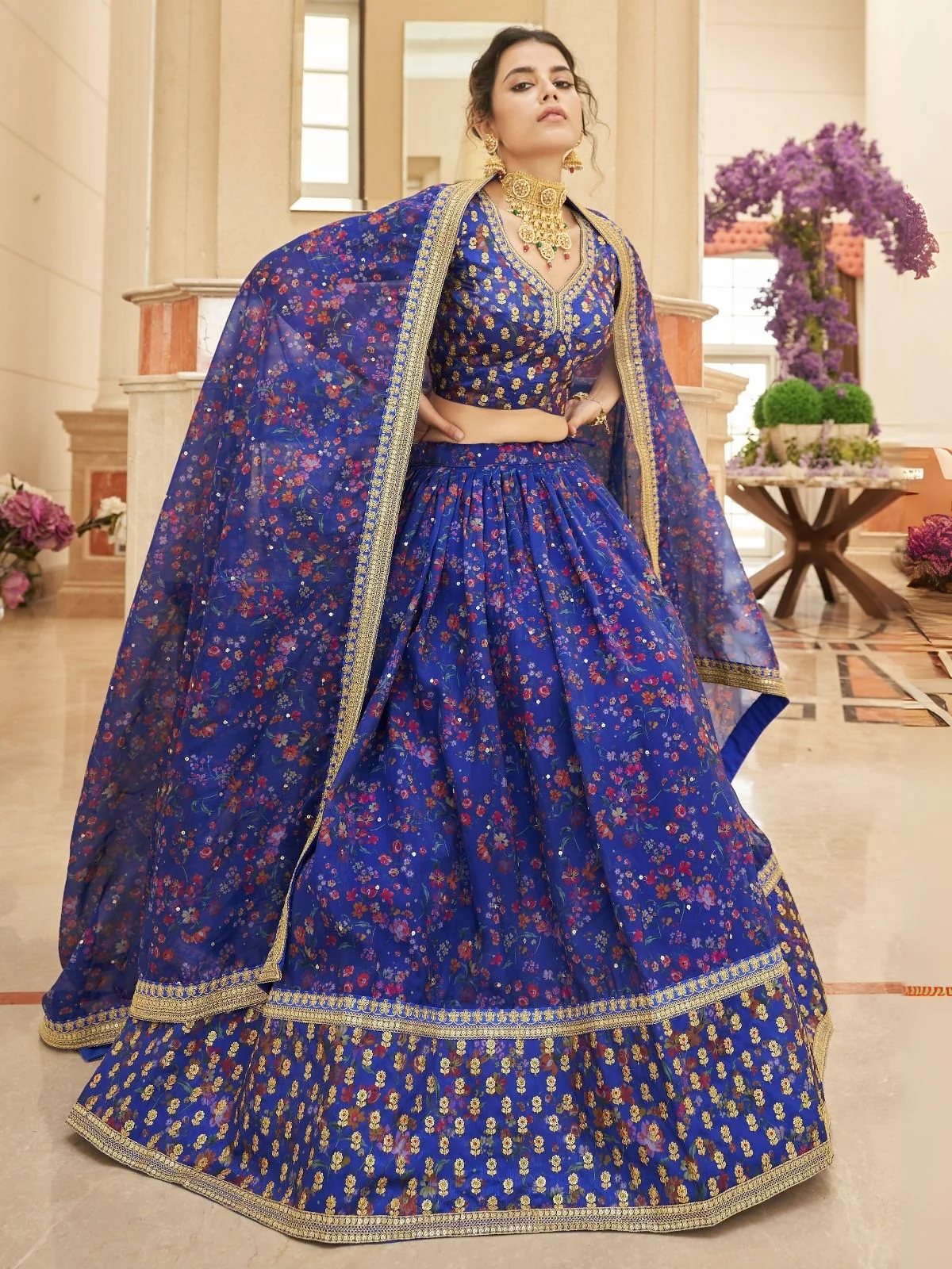 Odette Blue Art Silk Embroidered Semi Stitched Lehenga With Blouse For Women - Image 2