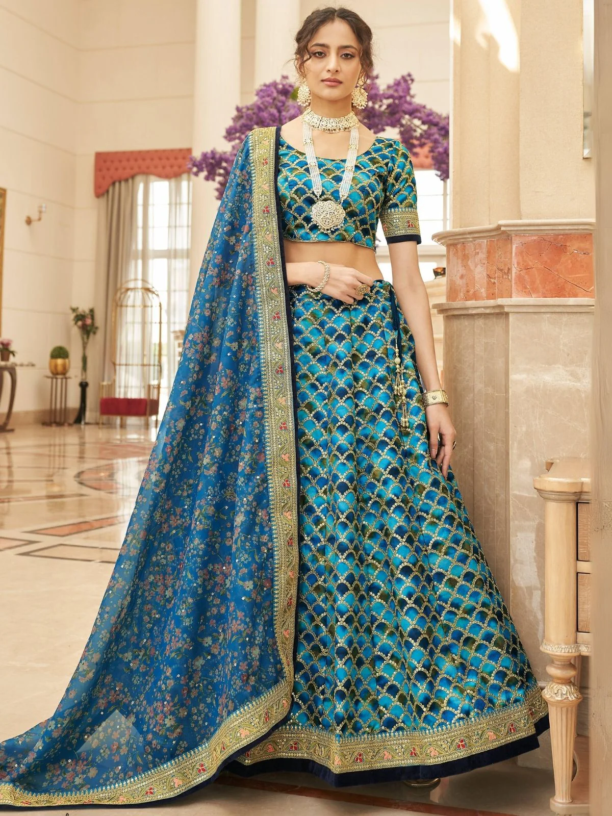 Odette Blue Art Silk Embroidered Semi Stitched Lehenga With Blouse For Women