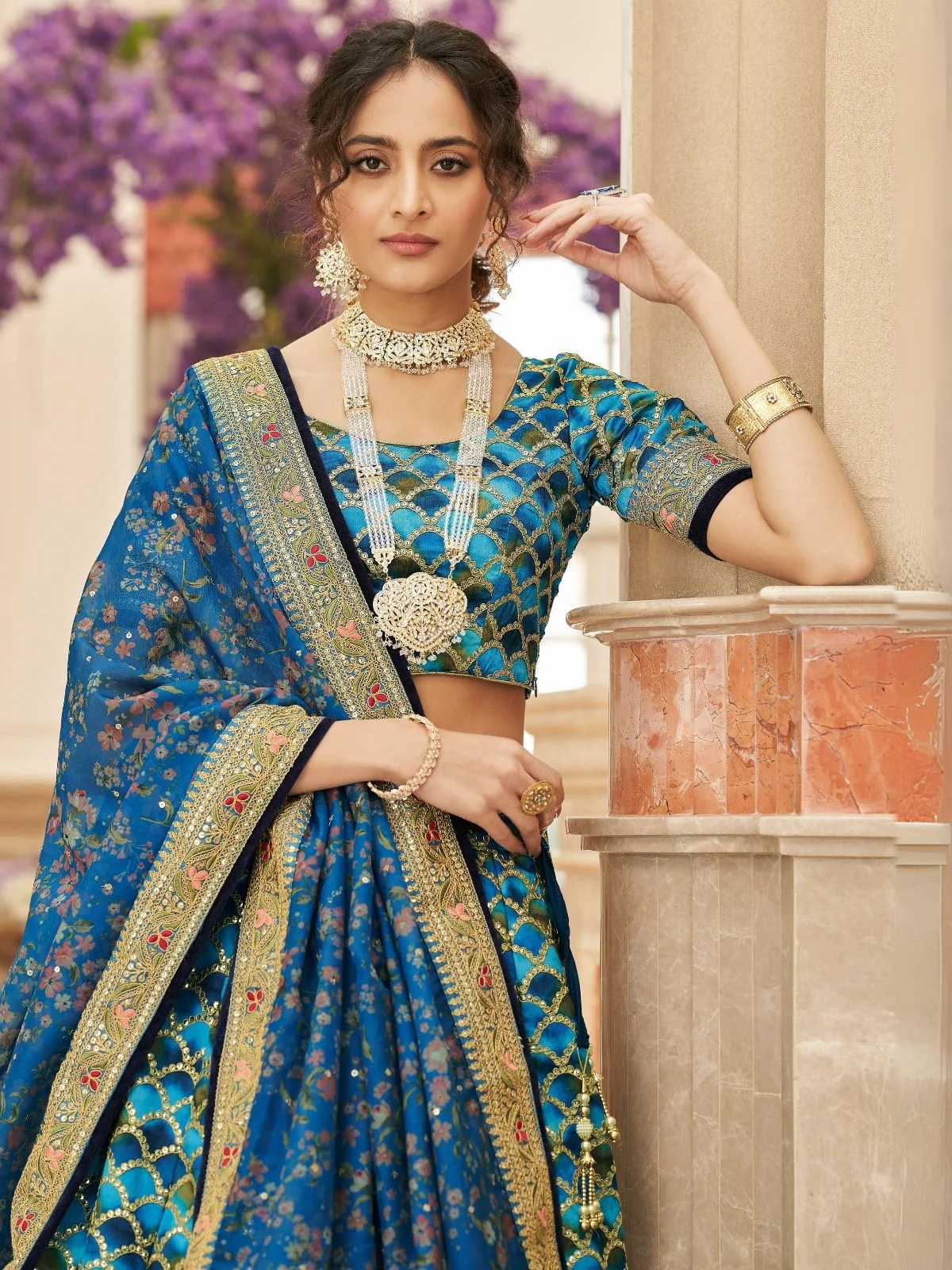 Odette Blue Art Silk Embroidered Semi Stitched Lehenga With Blouse For Women - Image 3