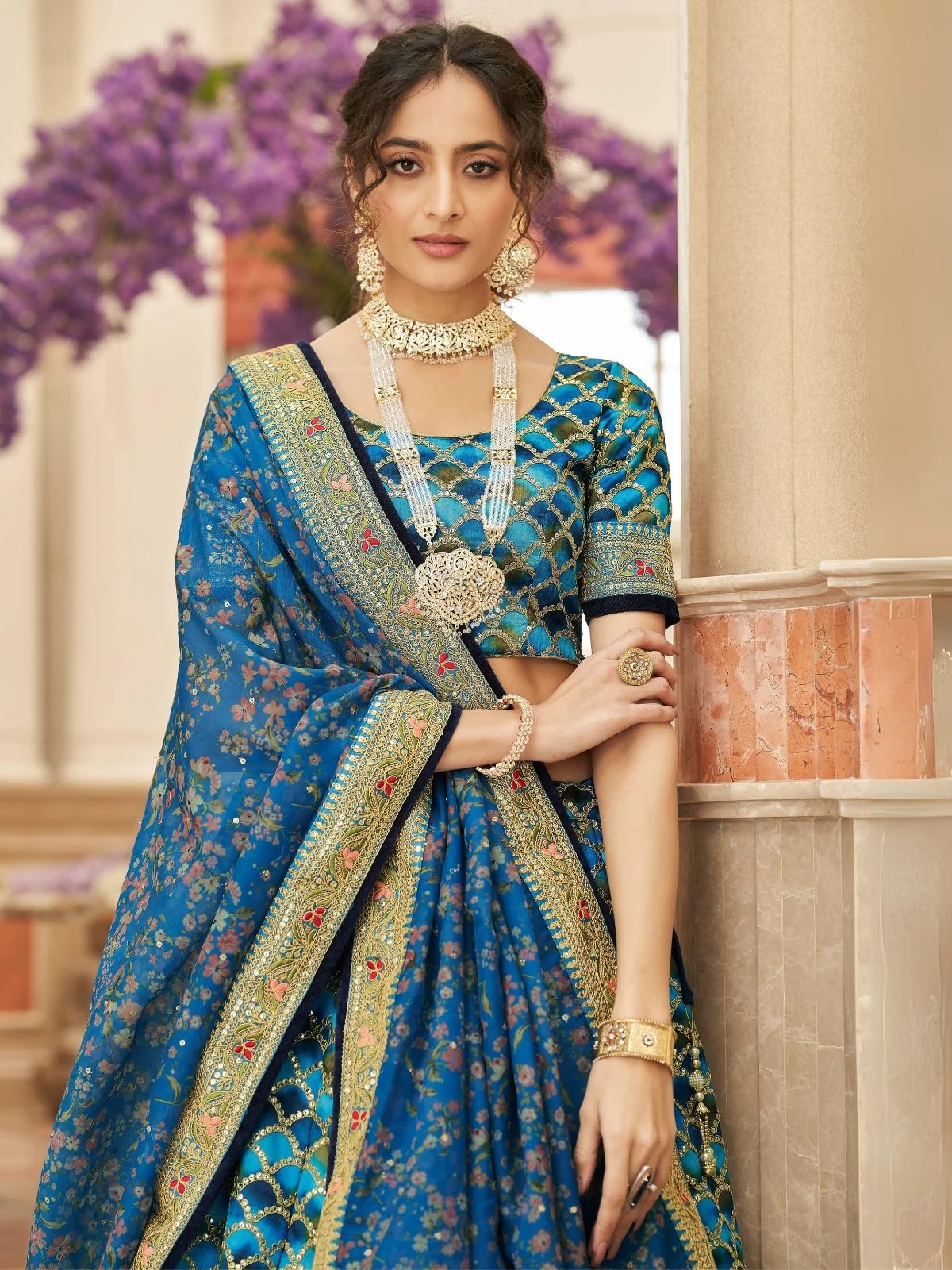 Odette Blue Art Silk Embroidered Semi Stitched Lehenga With Blouse For Women - Image 4