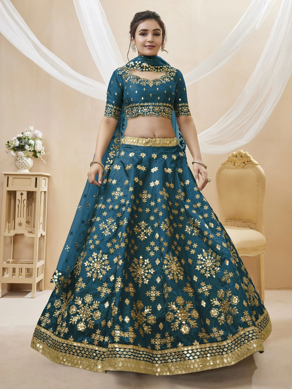 Odette Blue Art Silk Embroidered Semi Stitched Lehenga With Unstitched Blouse For Women - Image 2