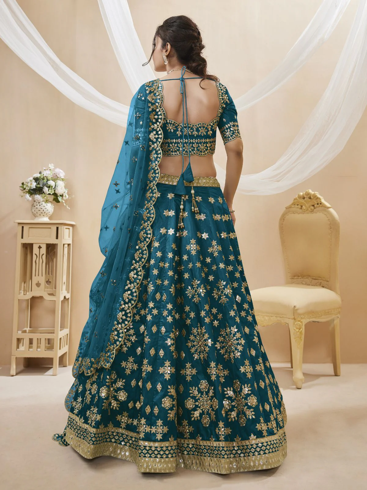 Odette Blue Art Silk Embroidered Semi Stitched Lehenga With Unstitched Blouse For Women - Image 3