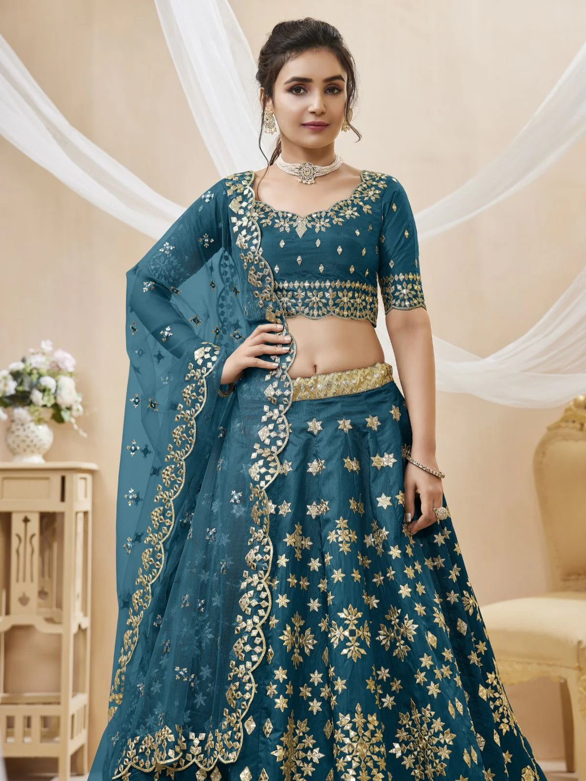 Odette Blue Art Silk Embroidered Semi Stitched Lehenga With Unstitched Blouse For Women - Image 4