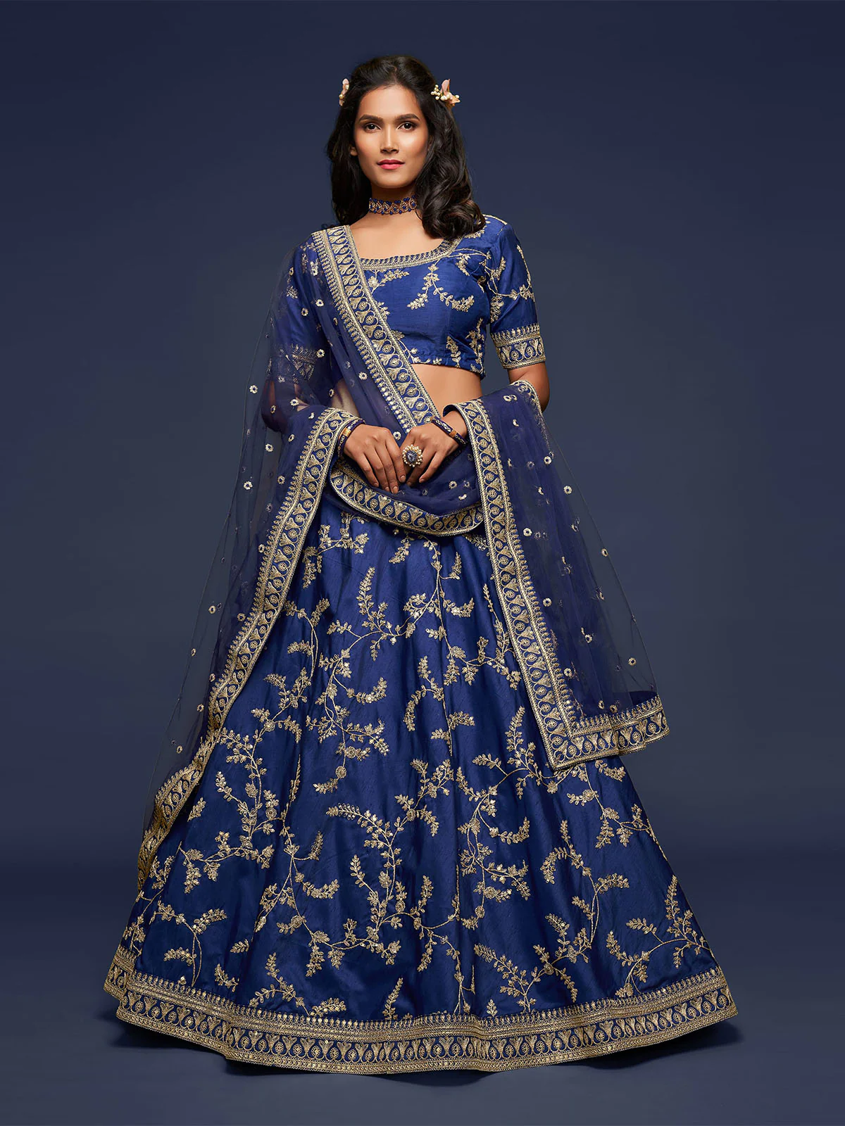 Odette Blue Art Silk Embroidered Semi Stitched Lehenga With Unstitched Blouse For Women - Image 2