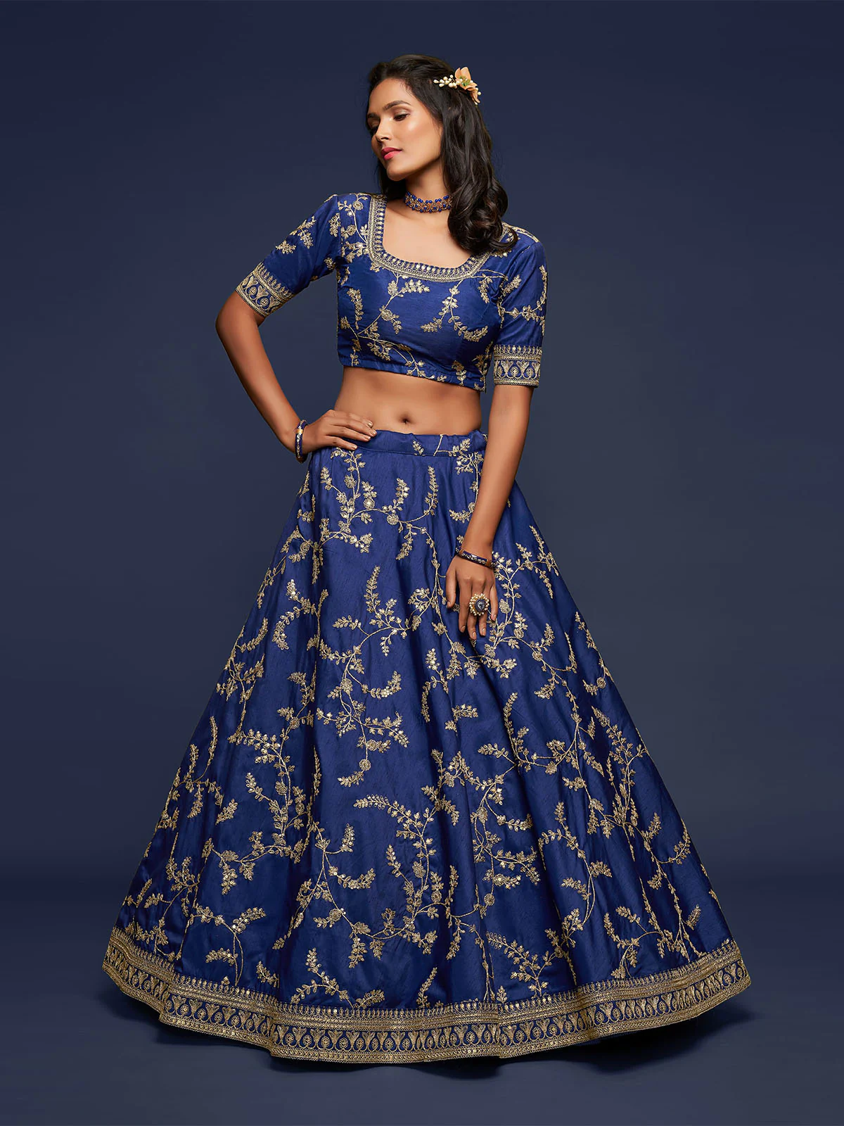 Odette Blue Art Silk Embroidered Semi Stitched Lehenga With Unstitched Blouse For Women - Image 4