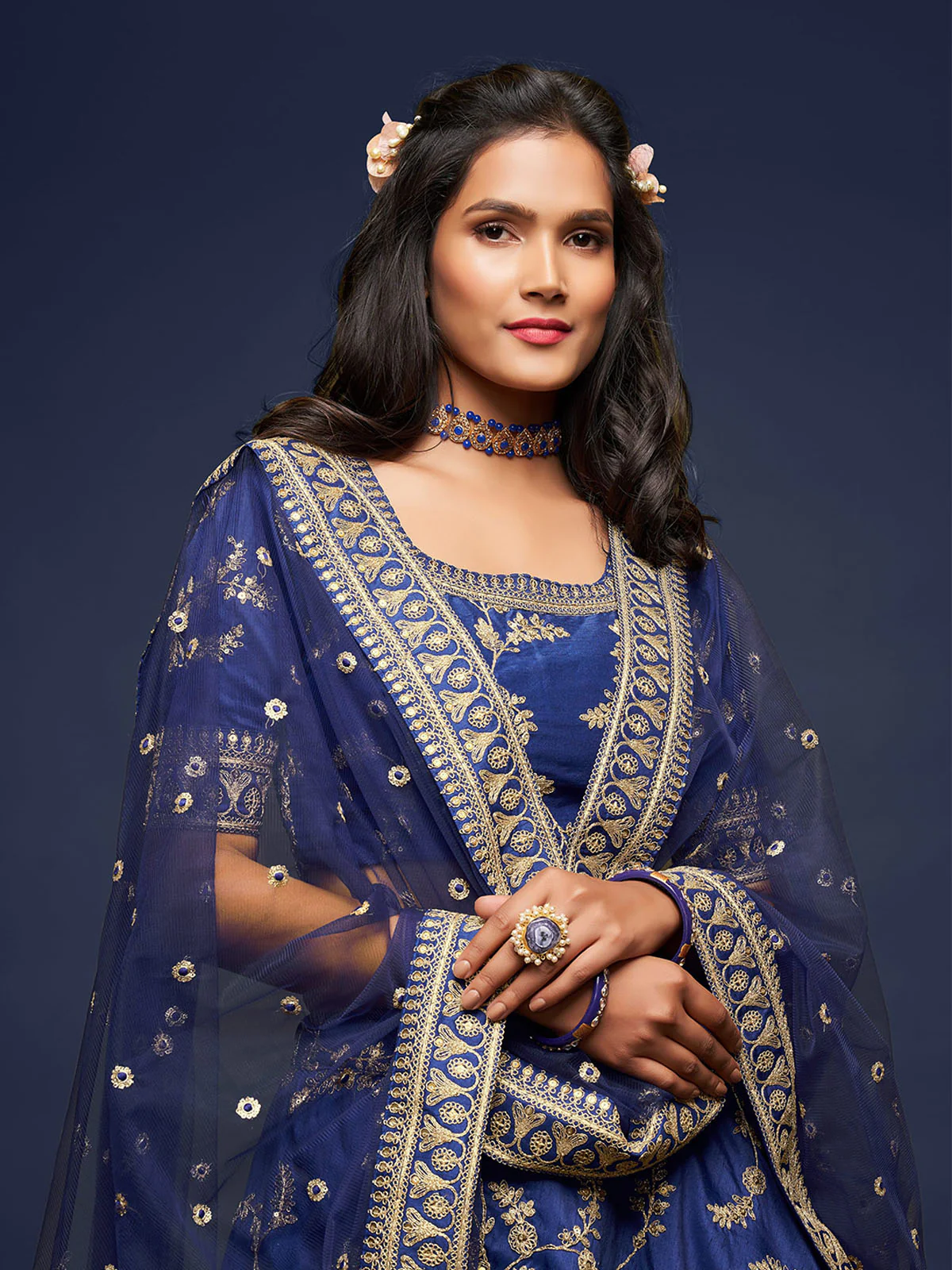Odette Blue Art Silk Embroidered Semi Stitched Lehenga With Unstitched Blouse For Women - Image 5