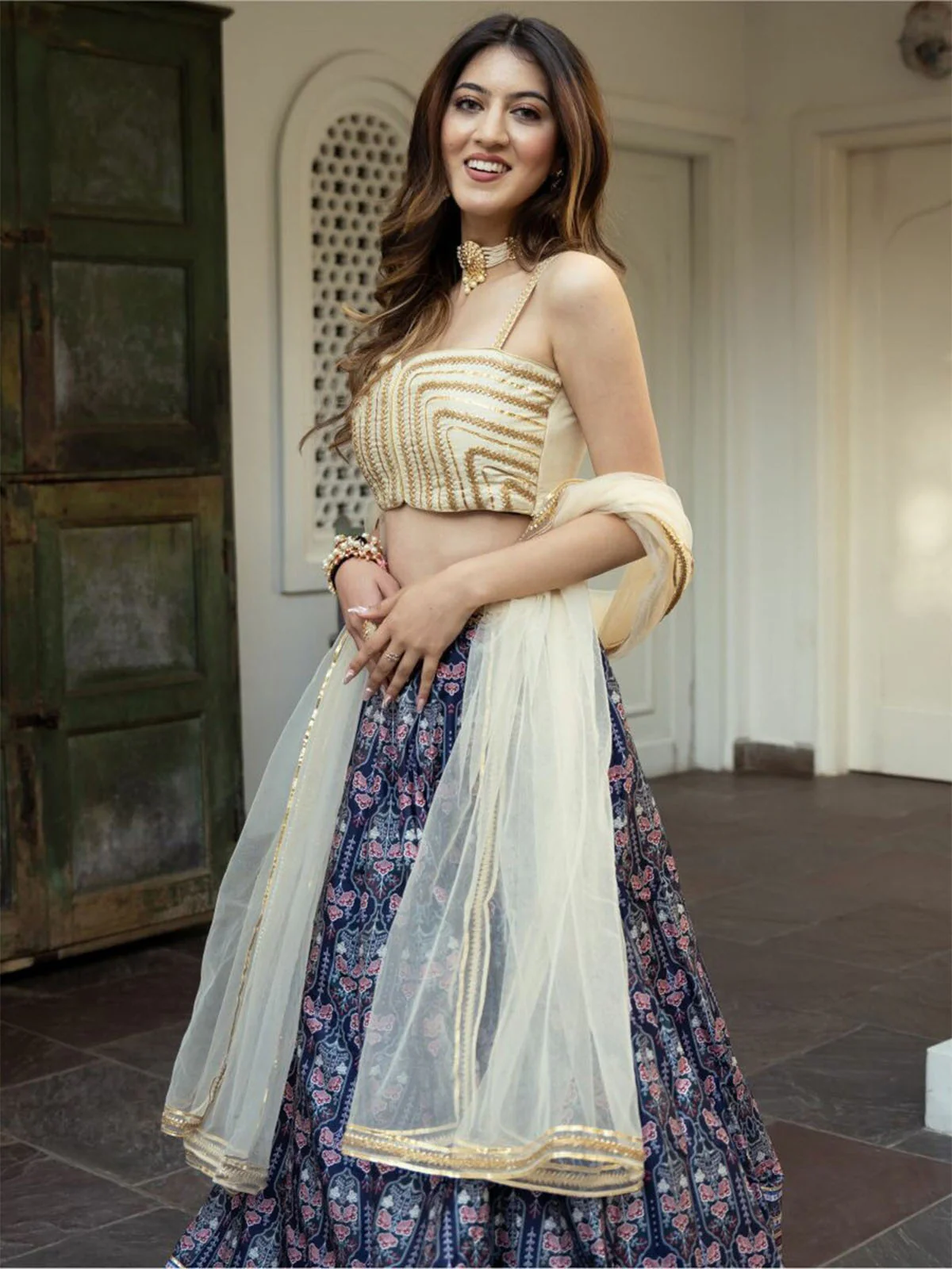 Odette Blue Art Silk Printed Semi Stitched Lehenga With Unstitched Blouse For Women - Image 4