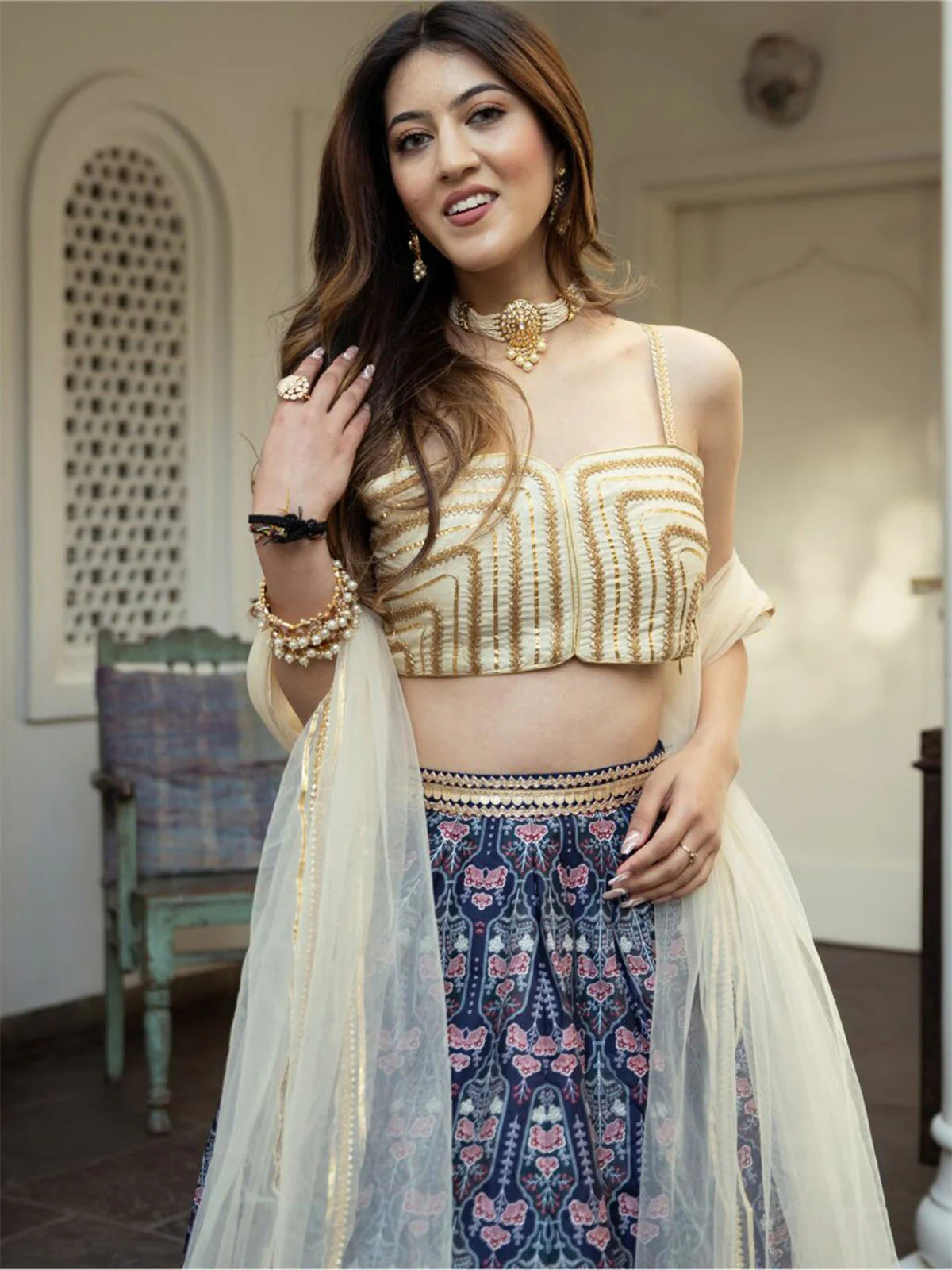 Odette Blue Art Silk Printed Semi Stitched Lehenga With Unstitched Blouse For Women - Image 5