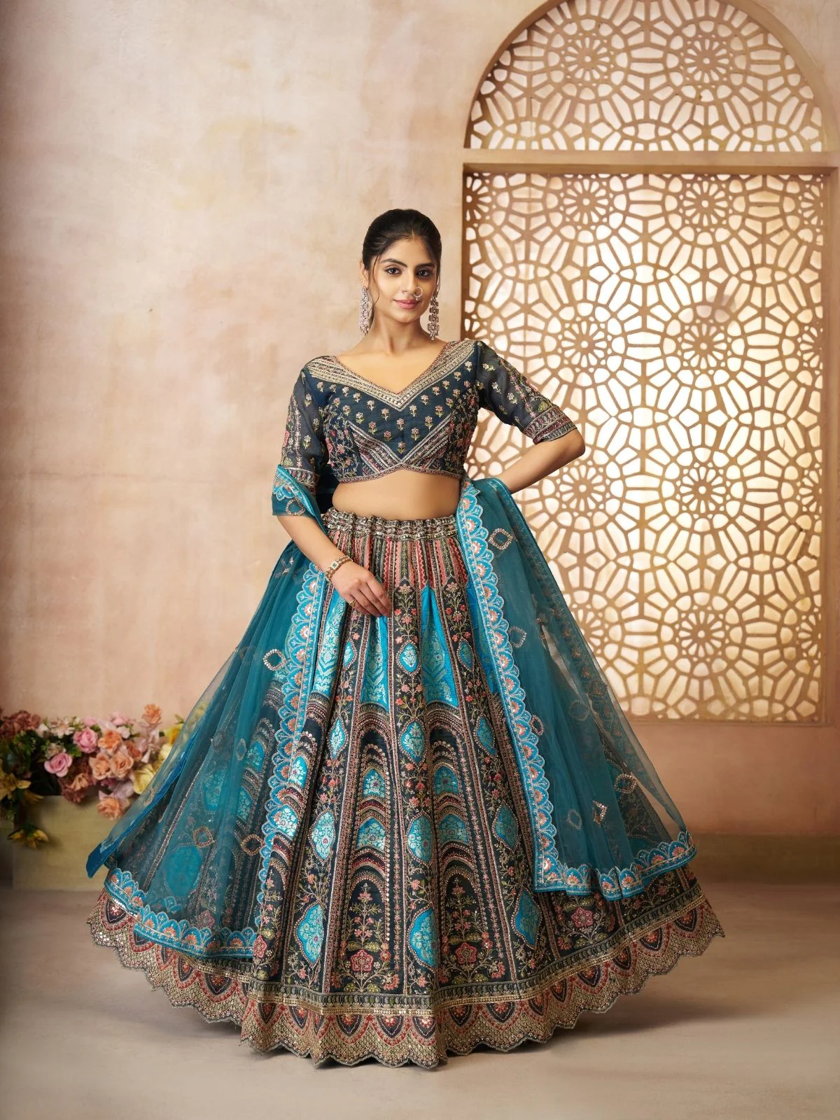 Odette Blue Banarasi Silk Embroidered Semi-Stitched Lehenga For Women