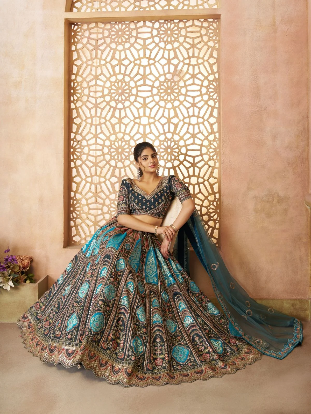 Odette Blue Banarasi Silk Embroidered Semi-Stitched Lehenga For Women - Image 2