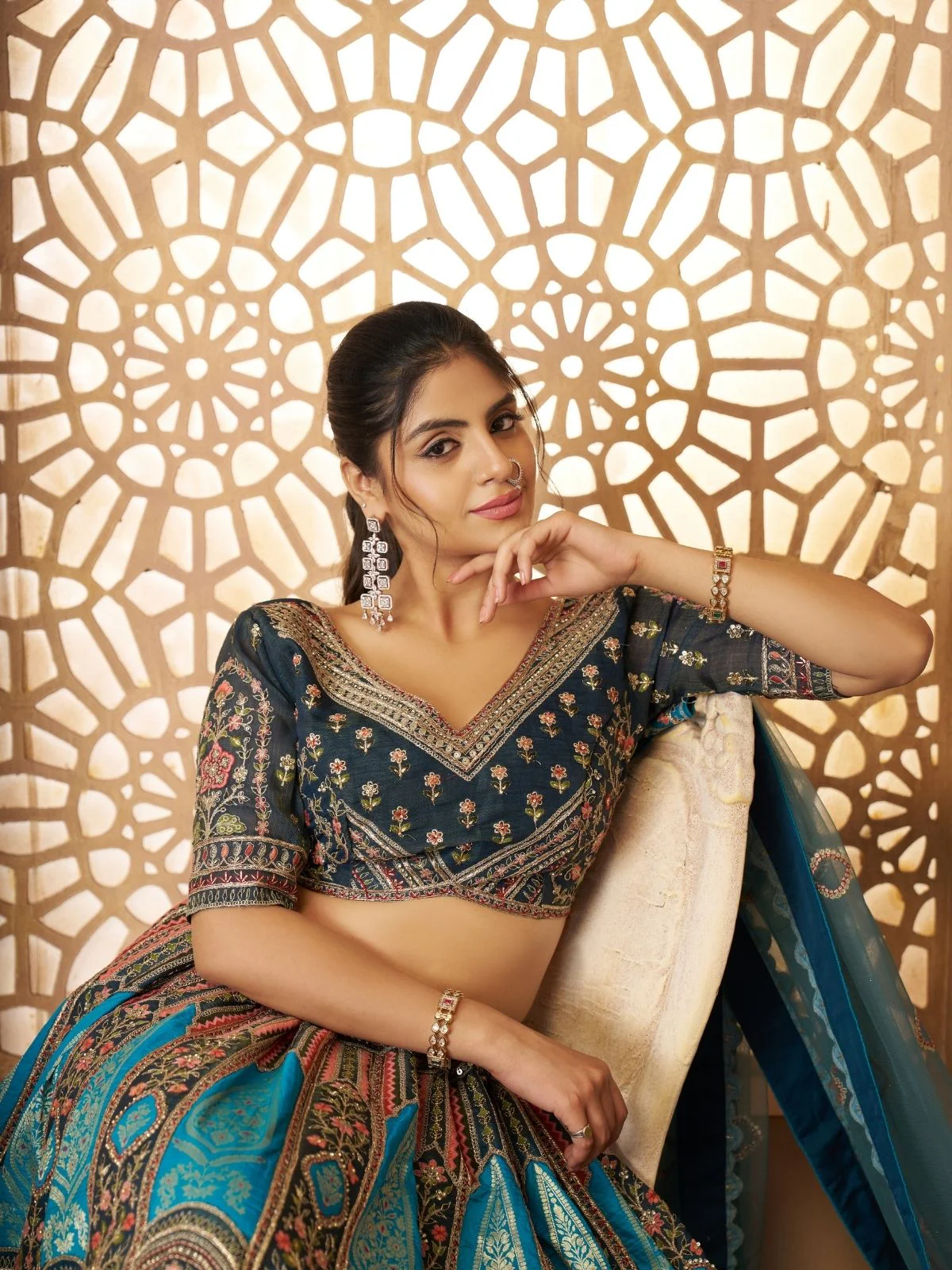Odette Blue Banarasi Silk Embroidered Semi-Stitched Lehenga For Women - Image 3
