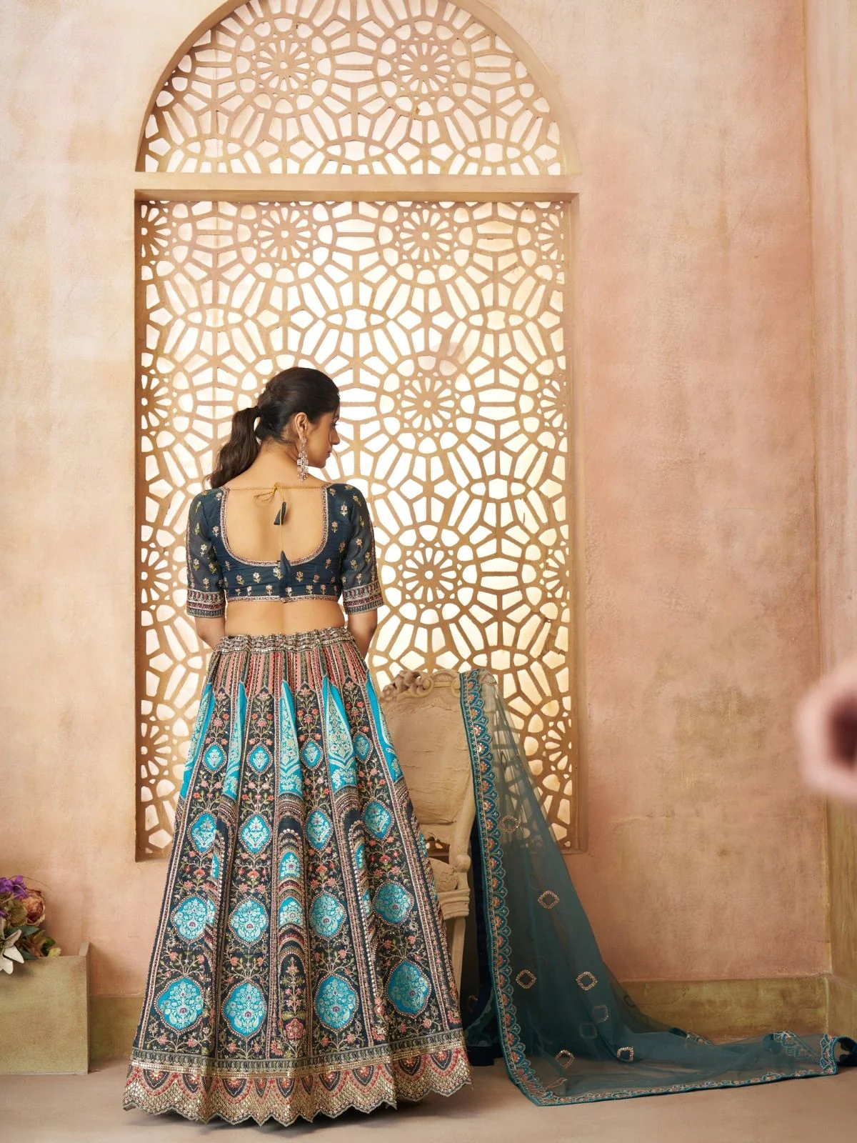 Odette Blue Banarasi Silk Embroidered Semi-Stitched Lehenga For Women - Image 4