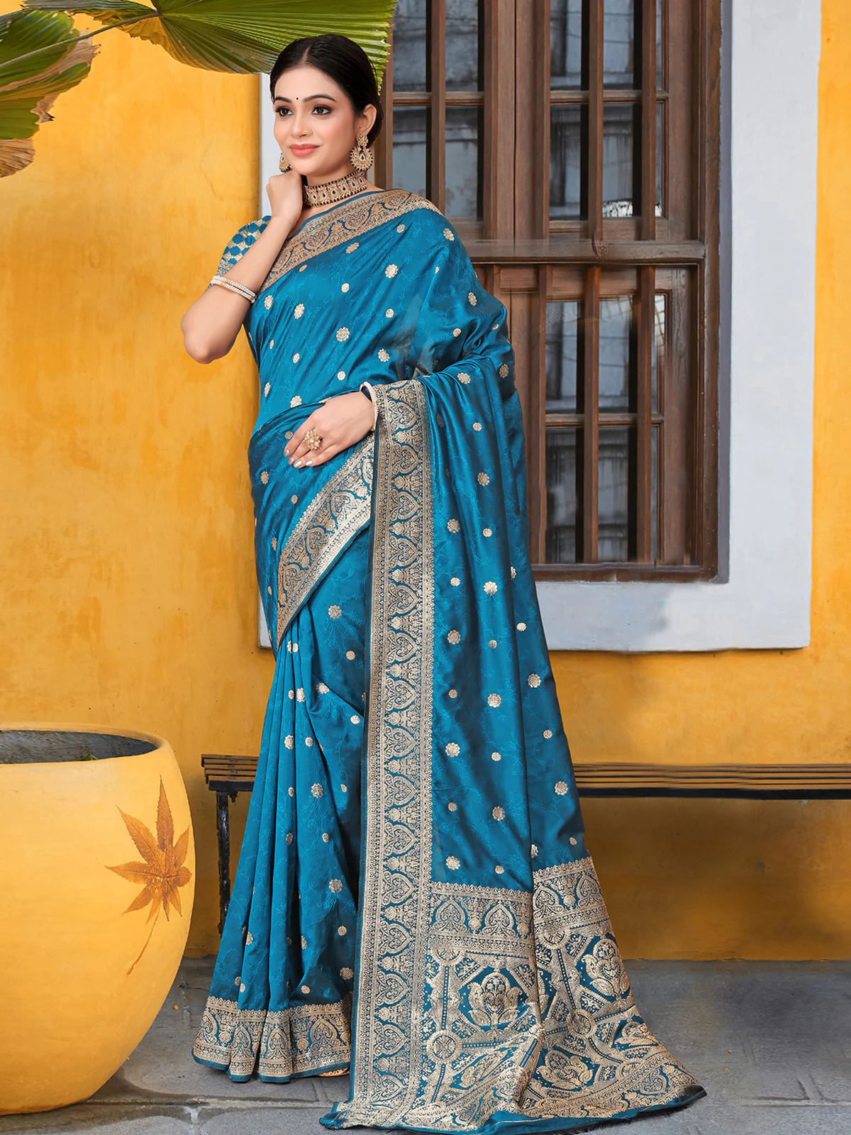 Odette Blue Banarasi Woven Saree With Unstitched Blouse For Women - Image 2