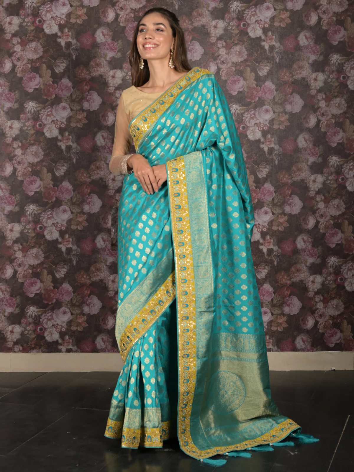 Odette Blue Beads Embroidered Silk Blend Saree with Unstitched Blouse for Women - Image 2