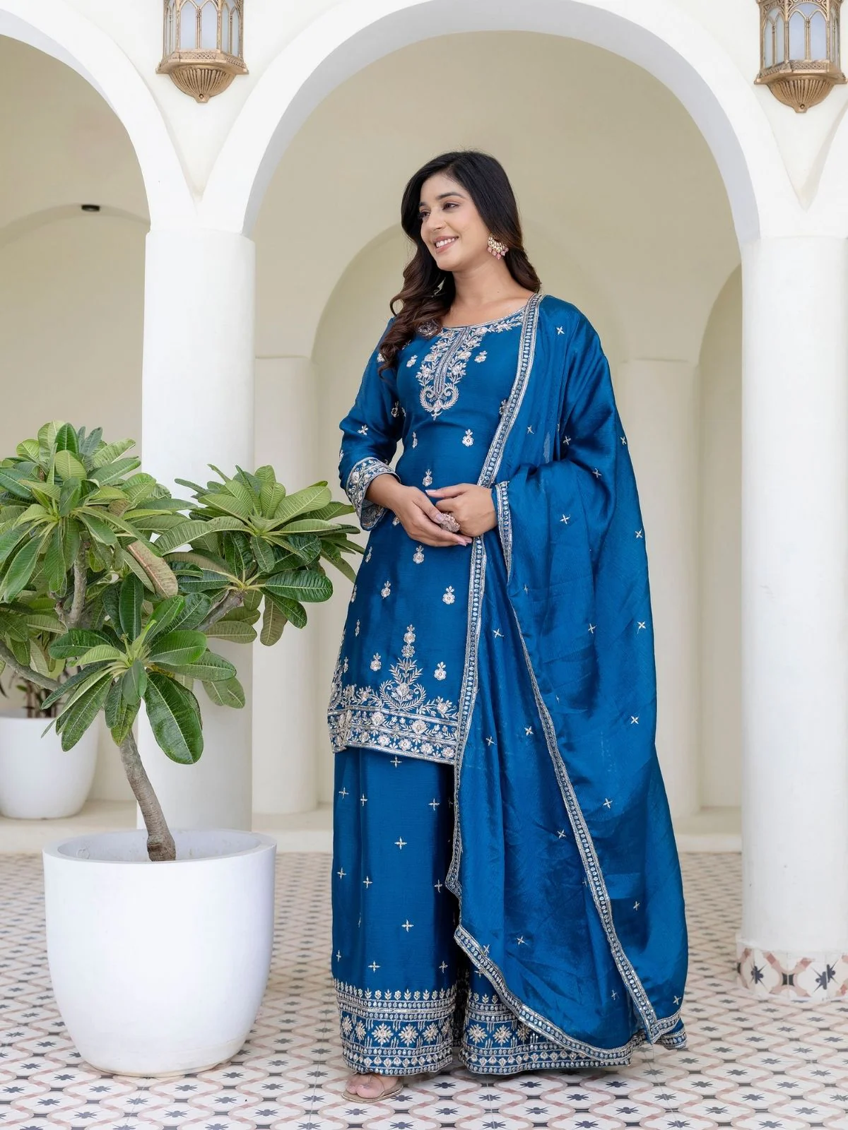 Odette Blue Chiffon Embroidered Stitched Kurta Set For Women - Image 2