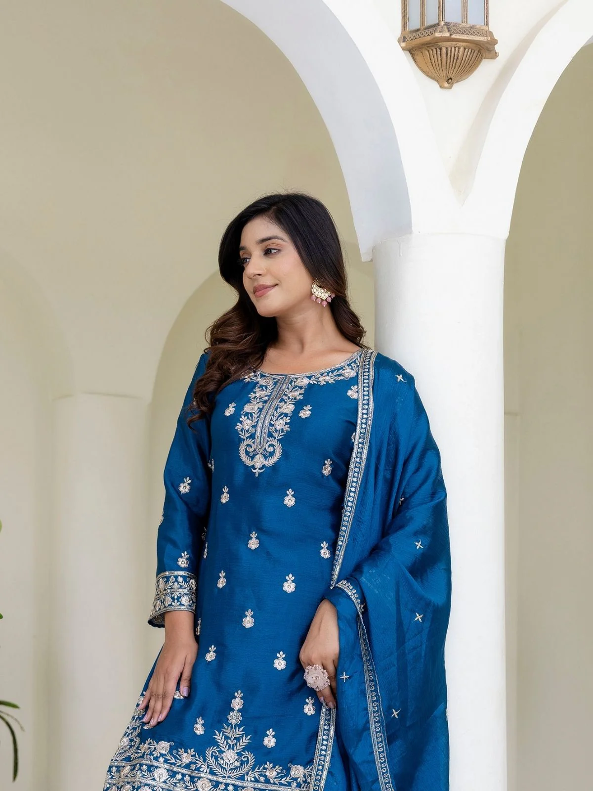 Odette Blue Chiffon Embroidered Stitched Kurta Set For Women - Image 3